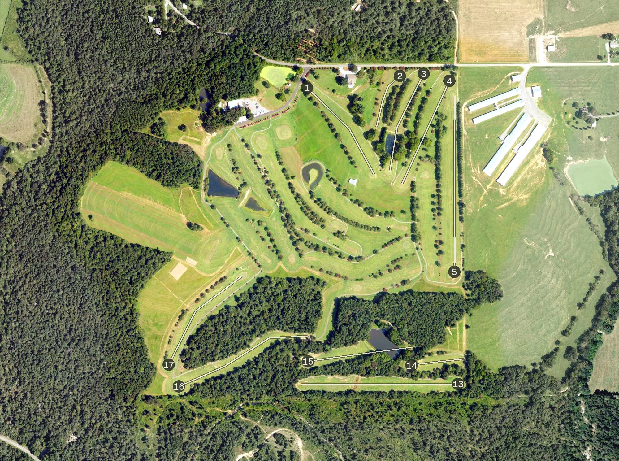 Aerial view of Willow Brook Golf Course, AL, with its hole routing marked