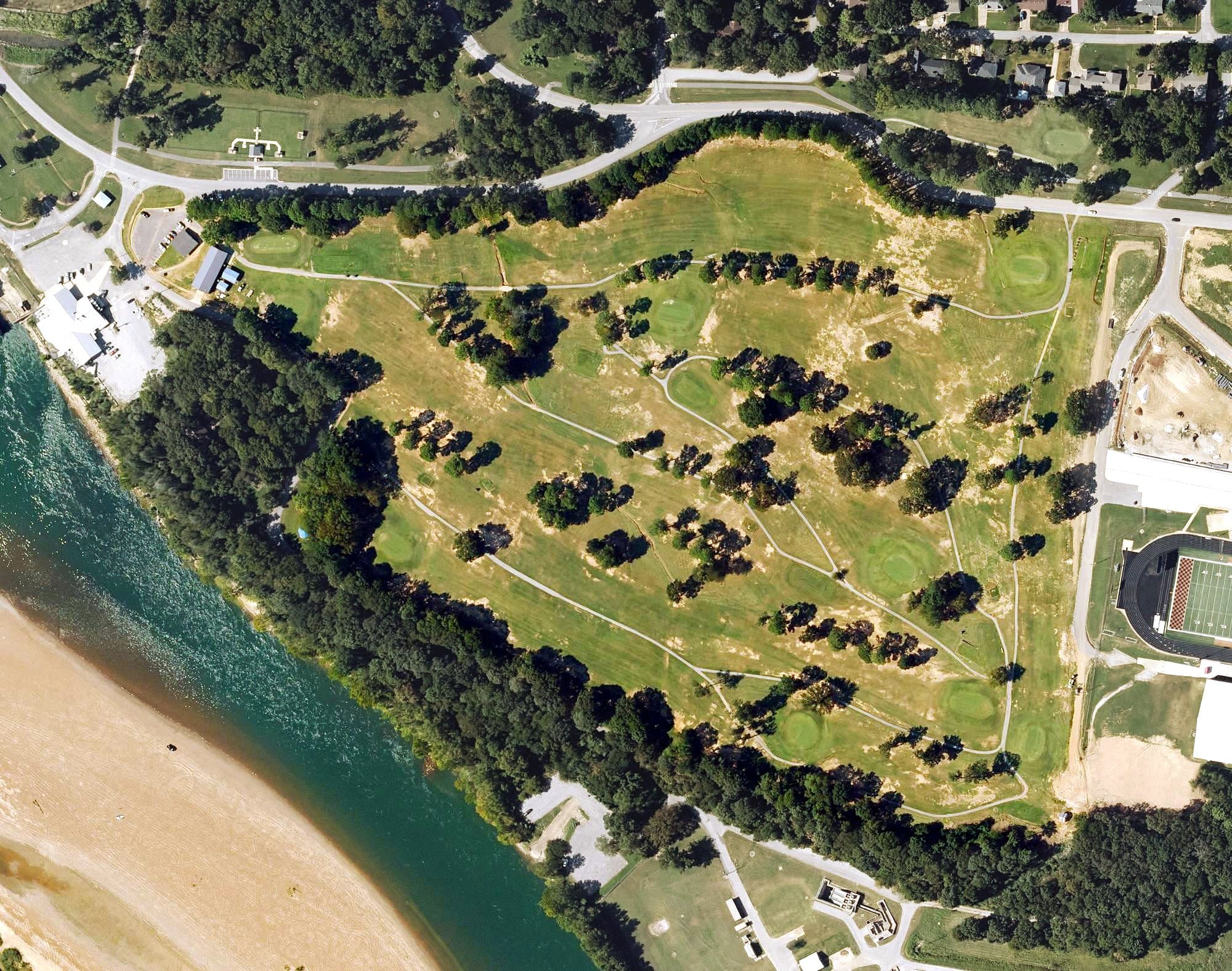 Aerial view of Batesville Municipal Golf Course, AR, with its hole routing marked