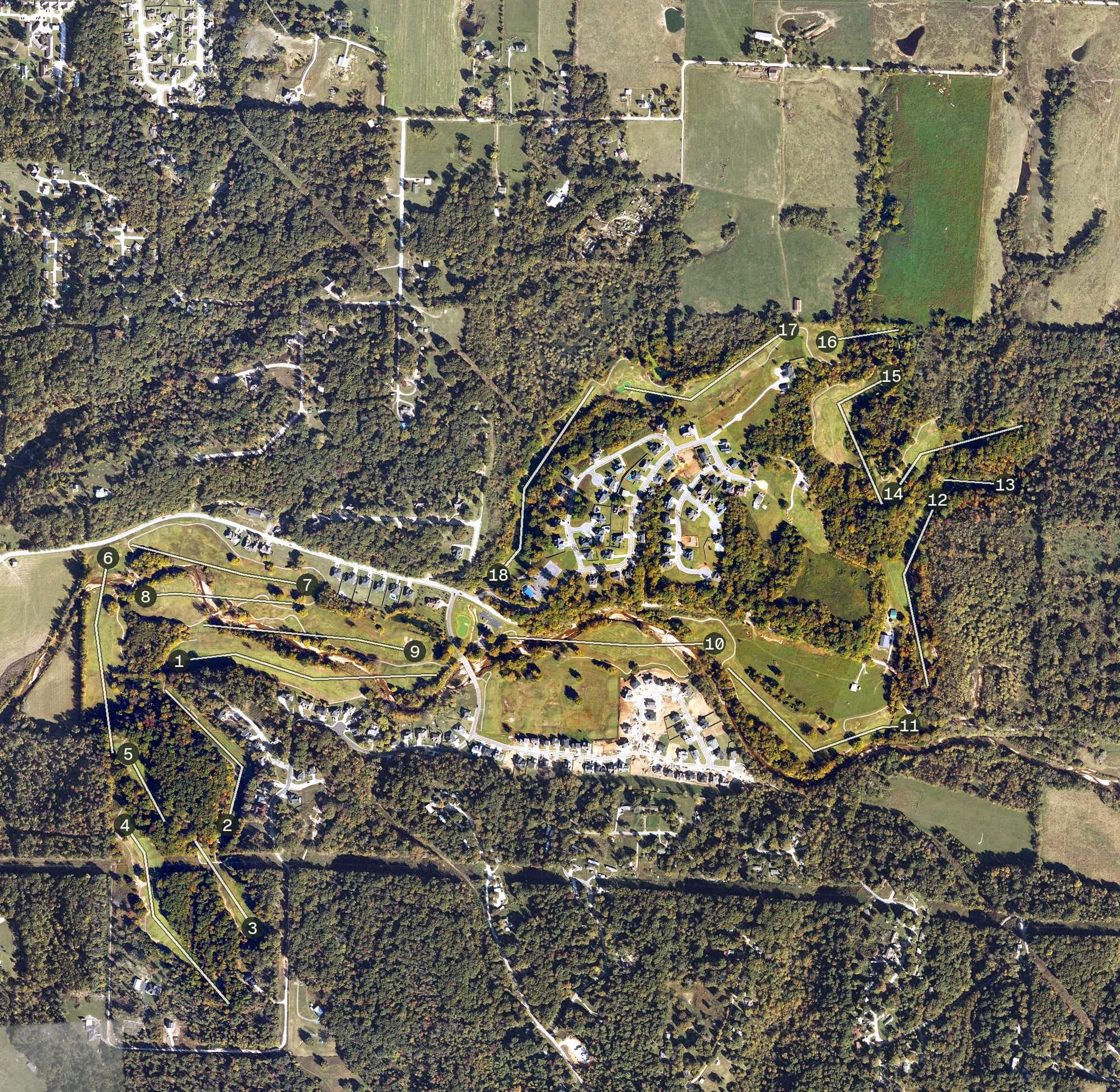 Aerial view of Big Sugar Golf Club, AR, with its hole routing marked