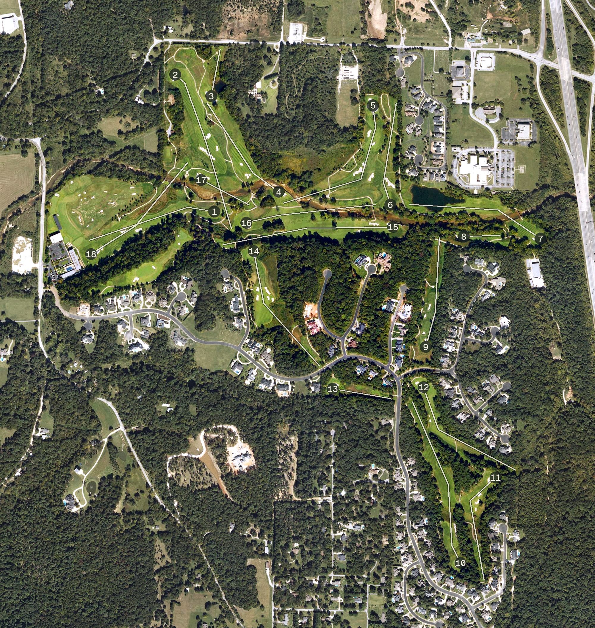 Aerial view of Blessings Golf Club, AR, with its hole routing marked