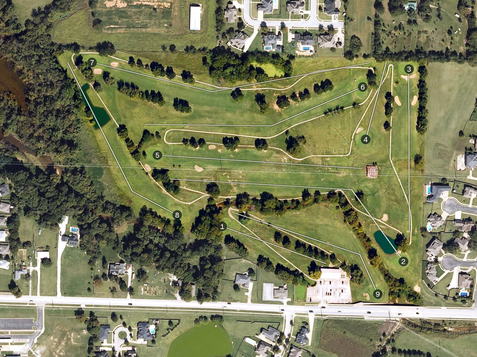 Aerial view of Brush Creek Golf Course, AR, with its hole routing marked