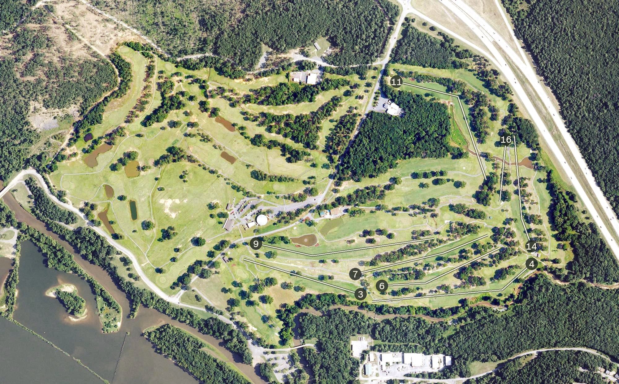 Aerial view of Burns Park Golf Course, AR, with its hole routing marked