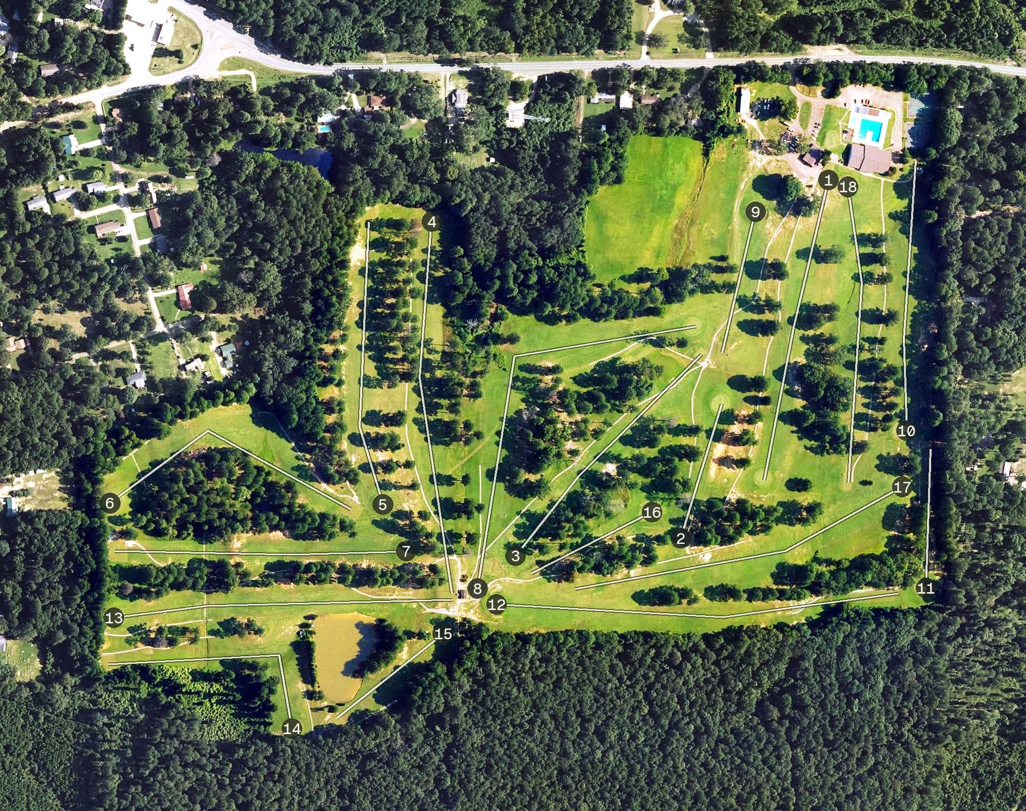 Aerial view of Camden Country Club, AR, with its hole routing marked