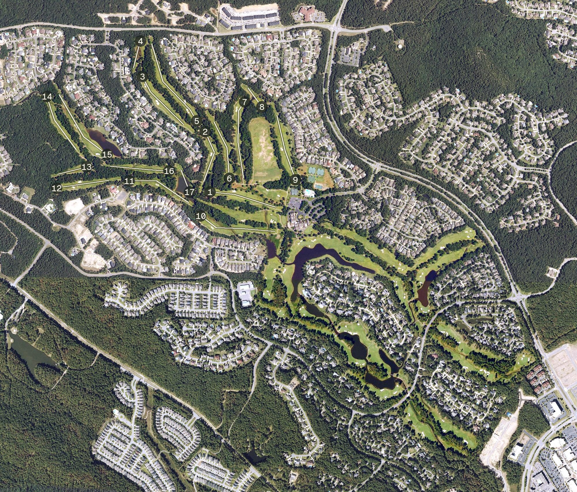 Aerial view of Chenal Country Club, AR, with its hole routing marked