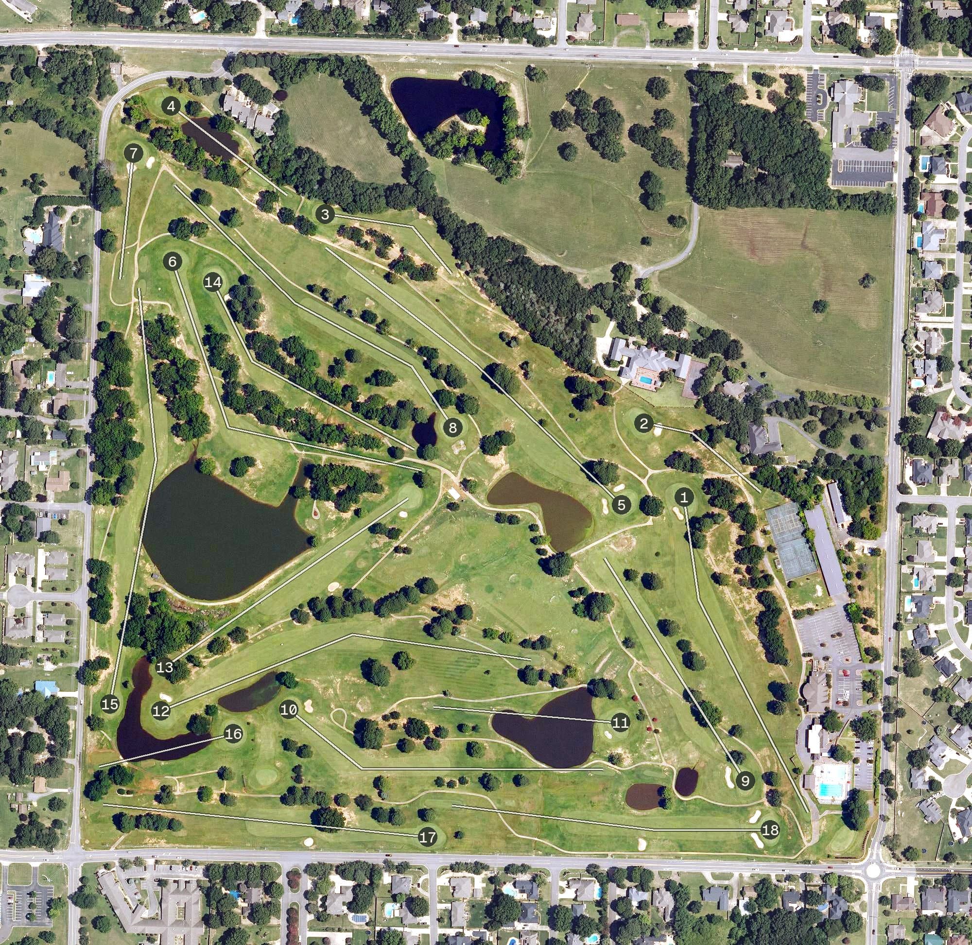 Aerial view of Conway Country Club, AR, with its hole routing marked