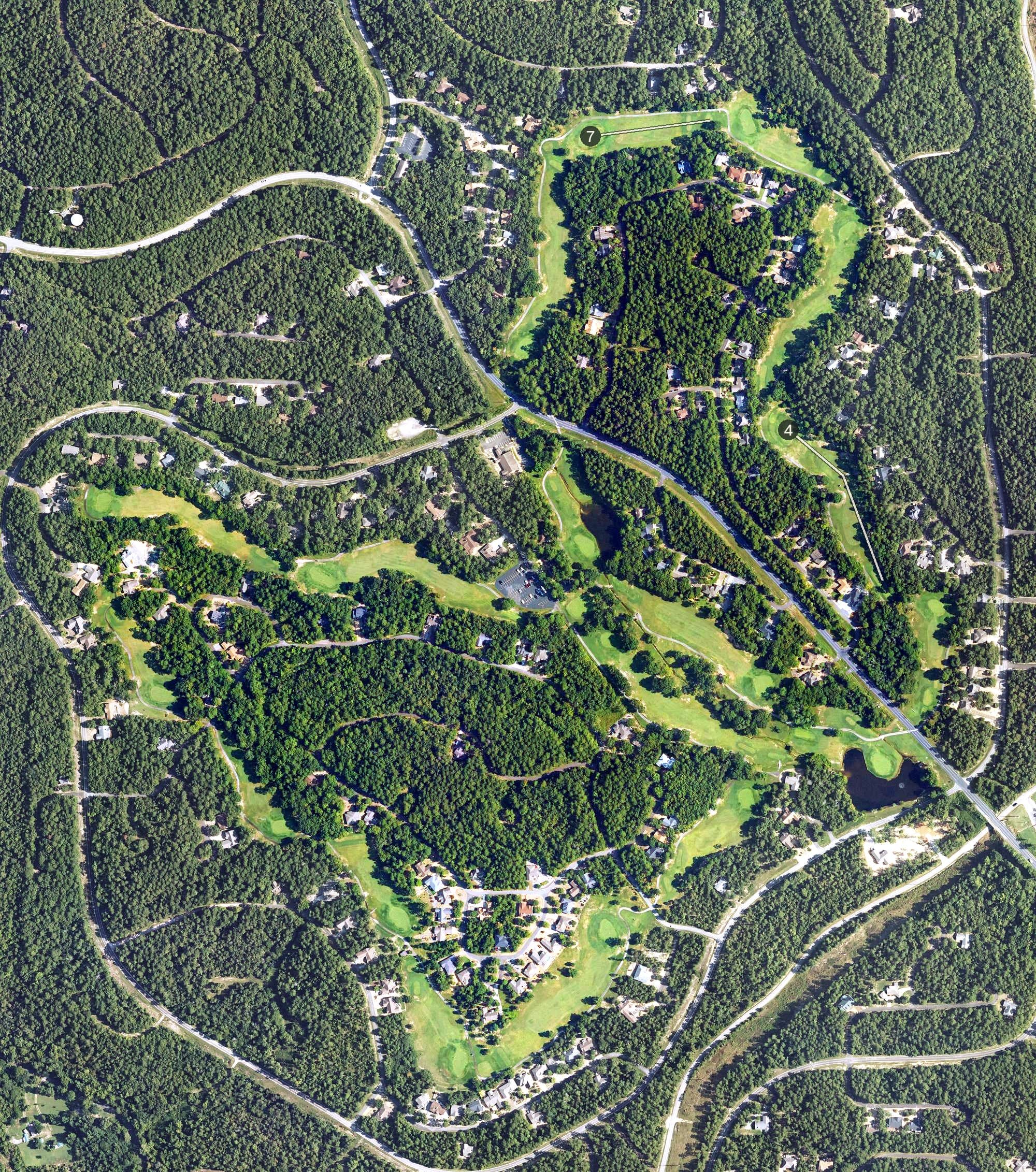 Aerial view of Coronado Golf Course, AR, with its hole routing marked