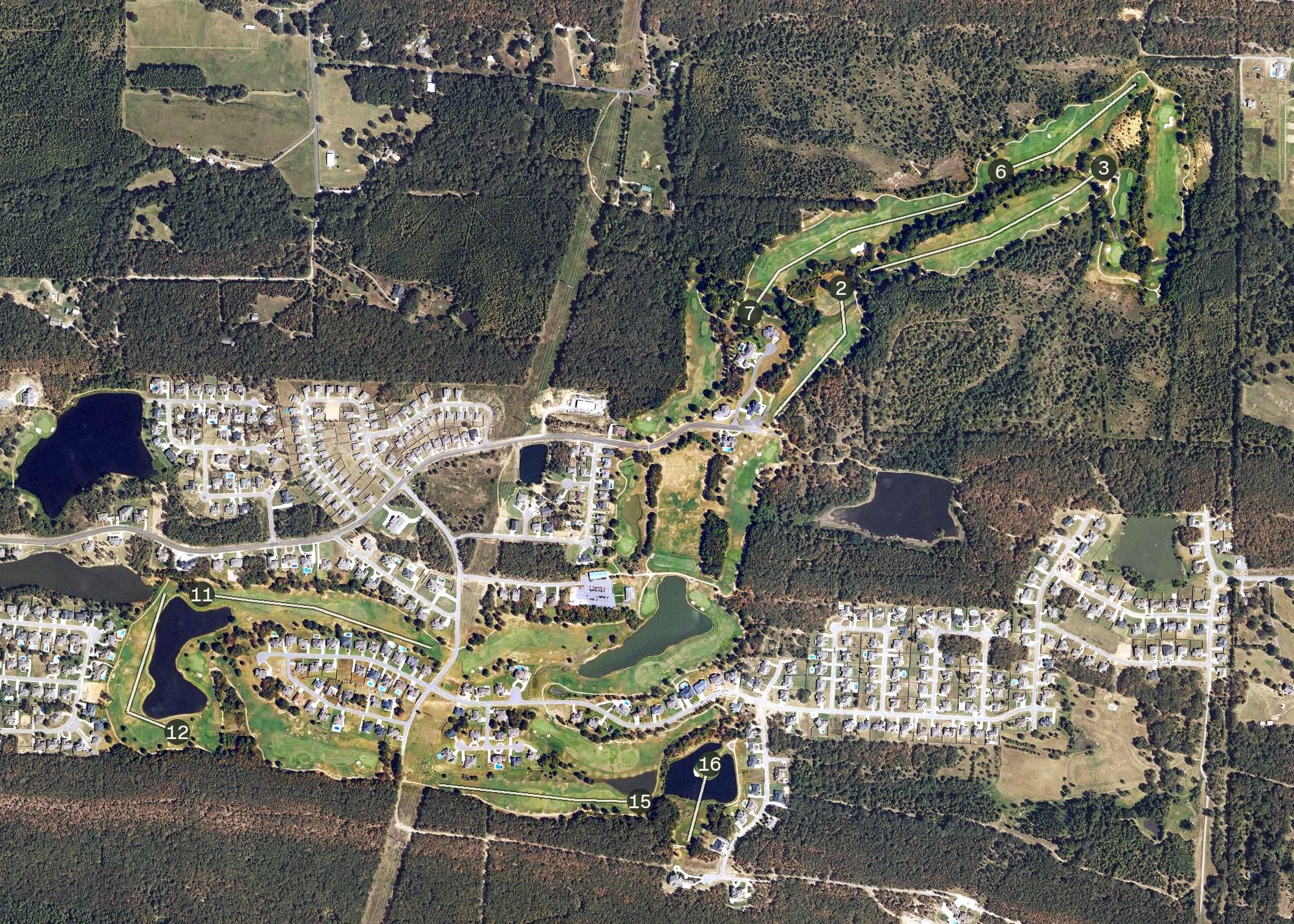 Aerial view of Cypress Creek Golf Club, AR, with its hole routing marked
