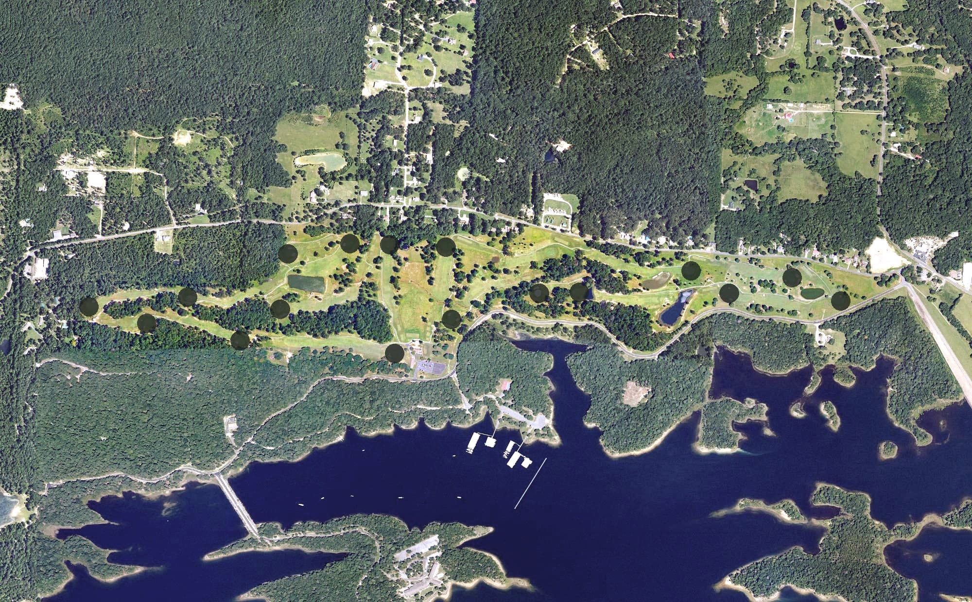Aerial view of Degray State Park Golf Course, AR, with its hole routing marked