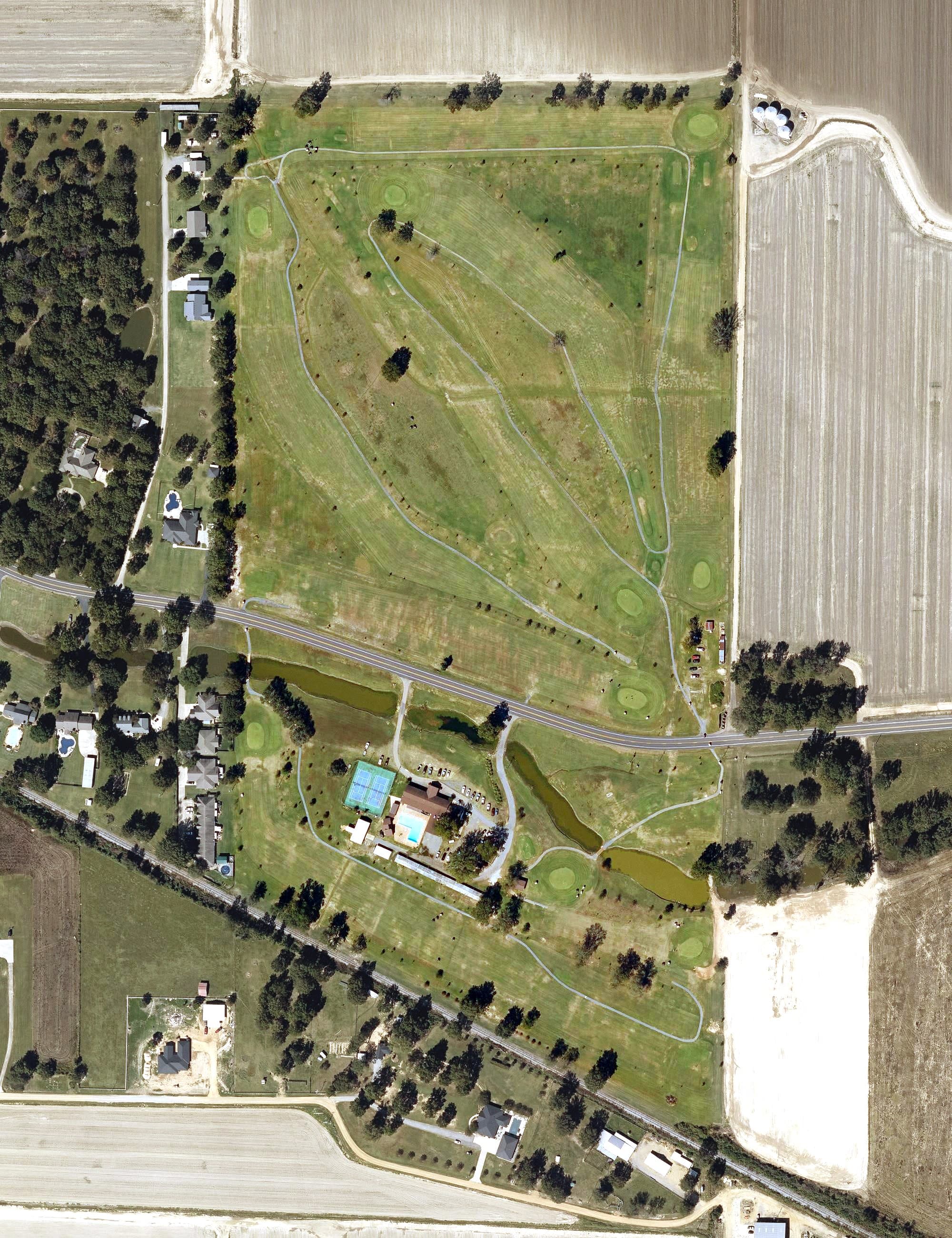 Aerial view of Delta Country Club and Golf Course, AR, with its hole routing marked