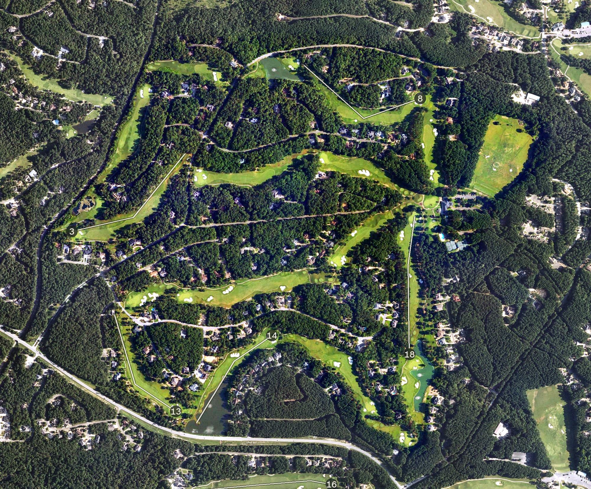 Aerial view of Diamante Country Club, AR, with its hole routing marked