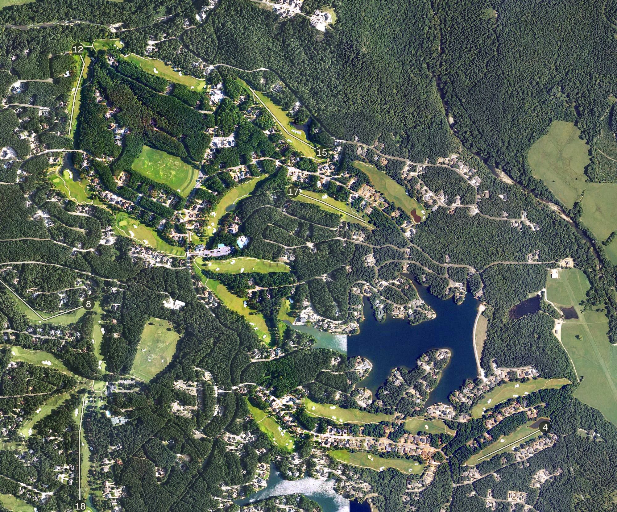 Aerial view of Granada Golf Course, AR, with its hole routing marked