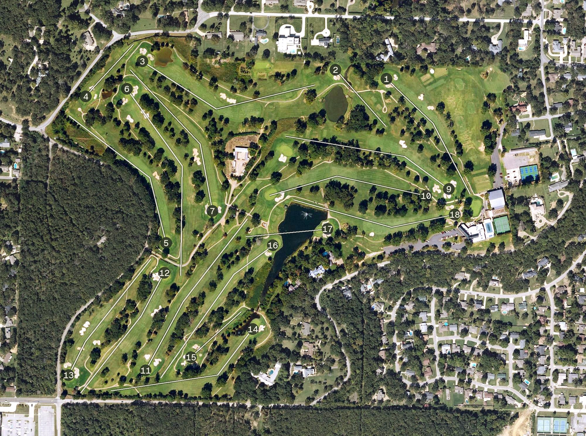 Aerial view of Hardscrabble Country Club, AR, with its hole routing marked