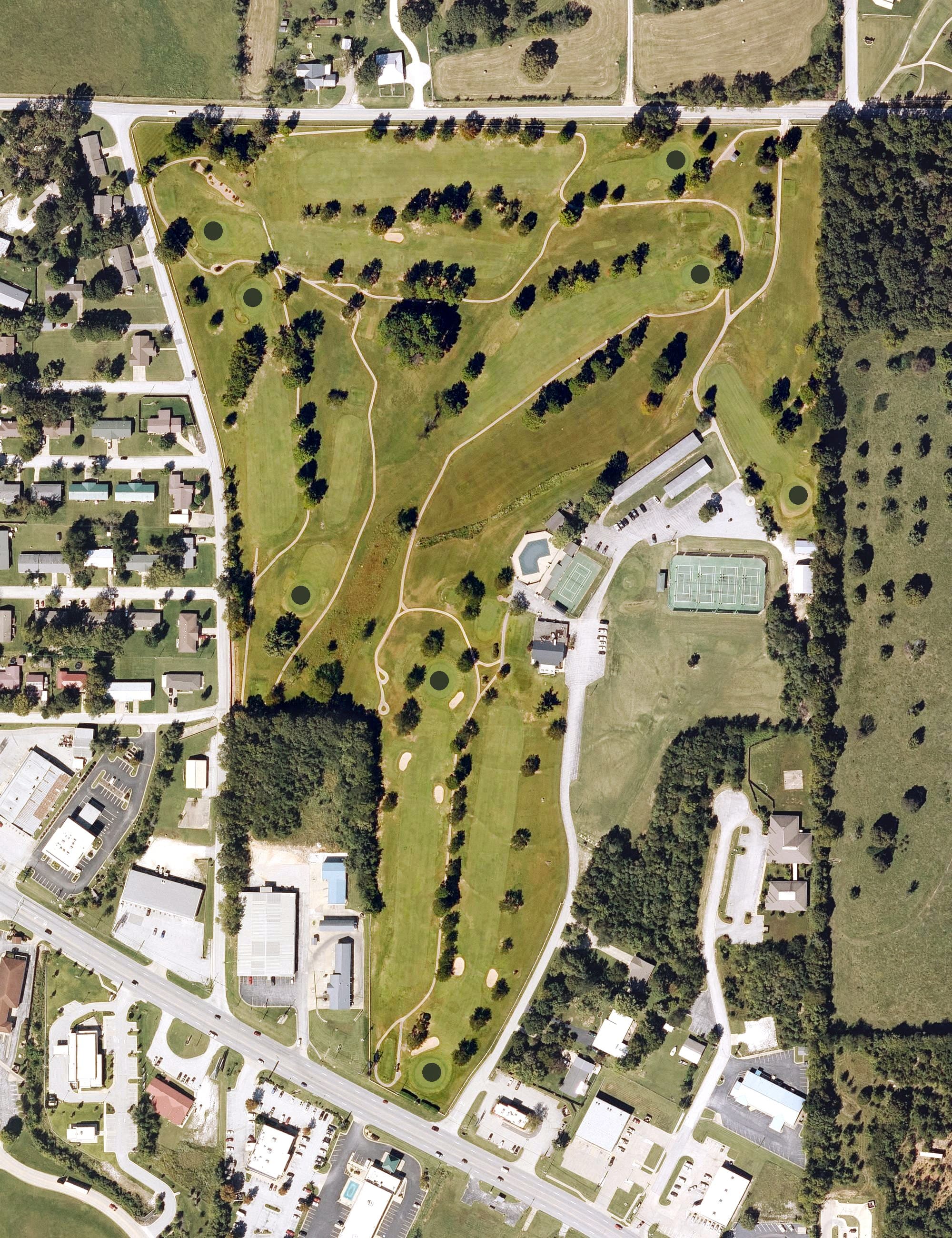 Aerial view of Harrison Country Club, AR, with its hole routing marked