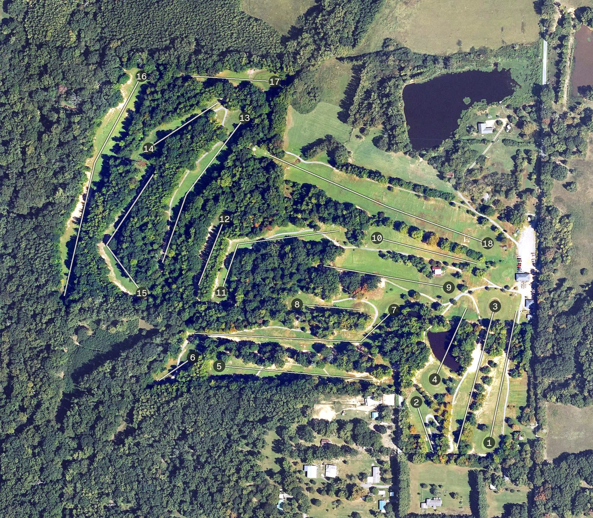 Aerial view of Hickory Creek, AR, with its hole routing marked