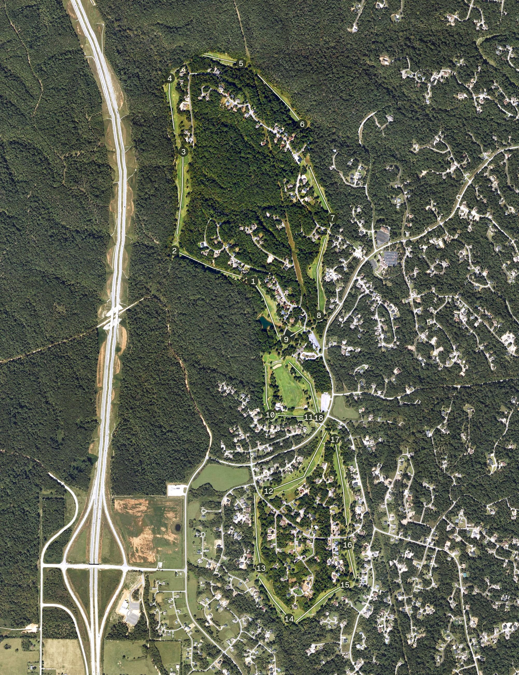 Aerial view of Highlands Golf Course, AR, with its hole routing marked