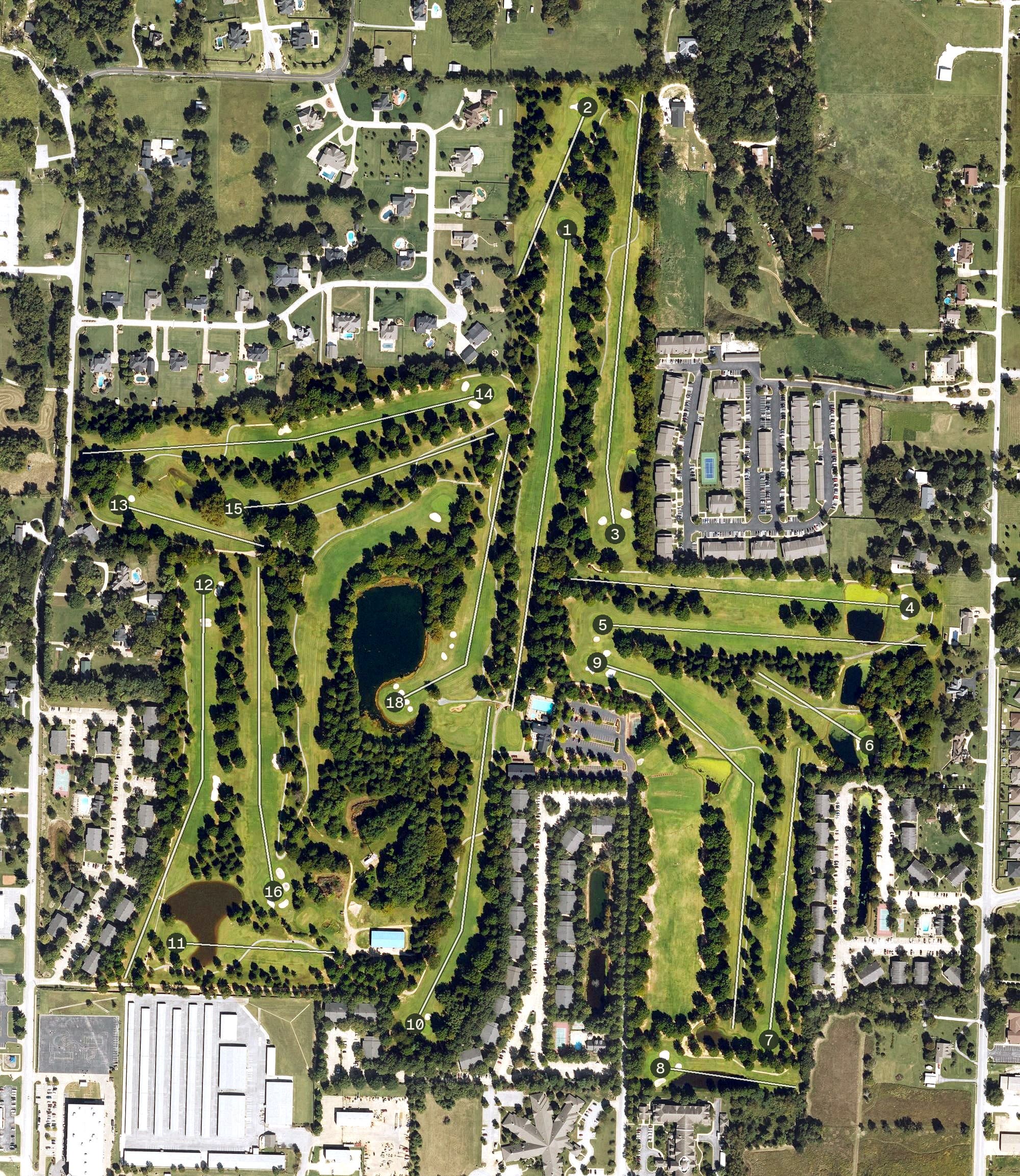 Aerial view of Lost Springs Golf & Athletic Club, AR, with its hole routing marked