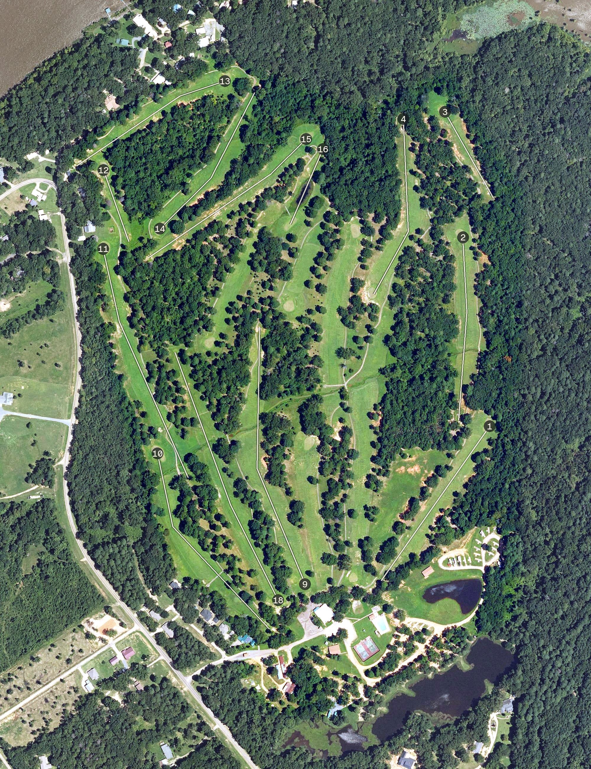 Aerial view of Millwood Country Club, AR, with its hole routing marked