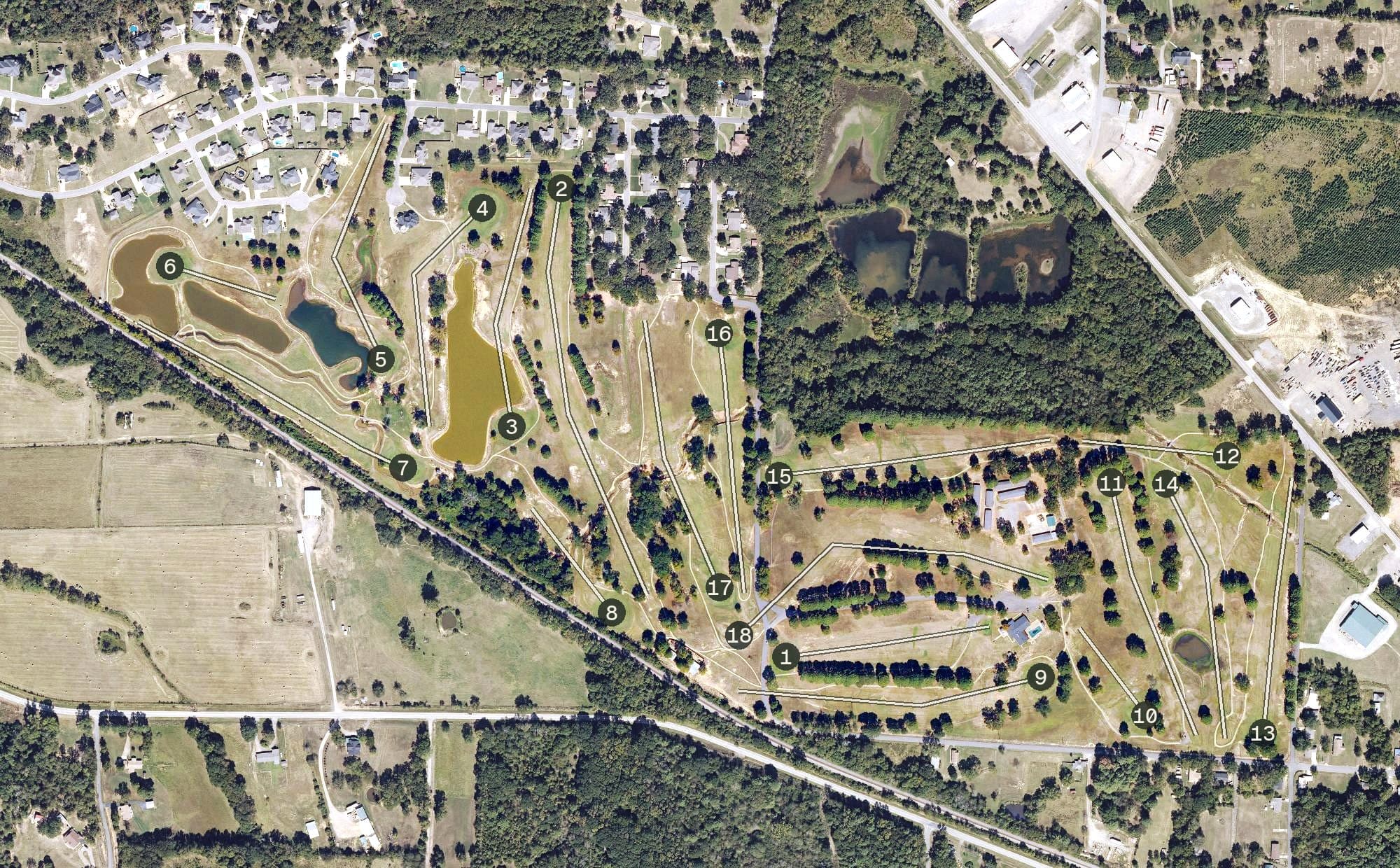 Aerial view of Morrilton Country Club, AR, with its hole routing marked