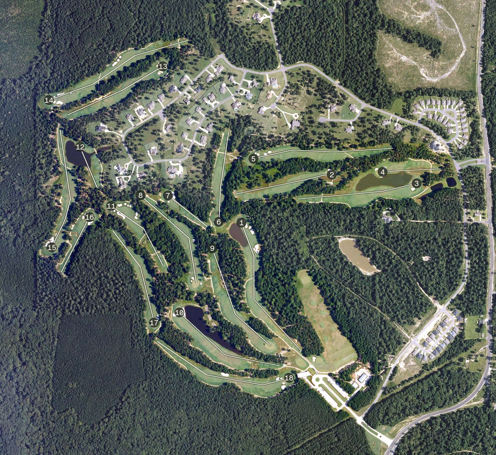 Aerial view of Mystic Creek Golf Club, AR, with its hole routing marked