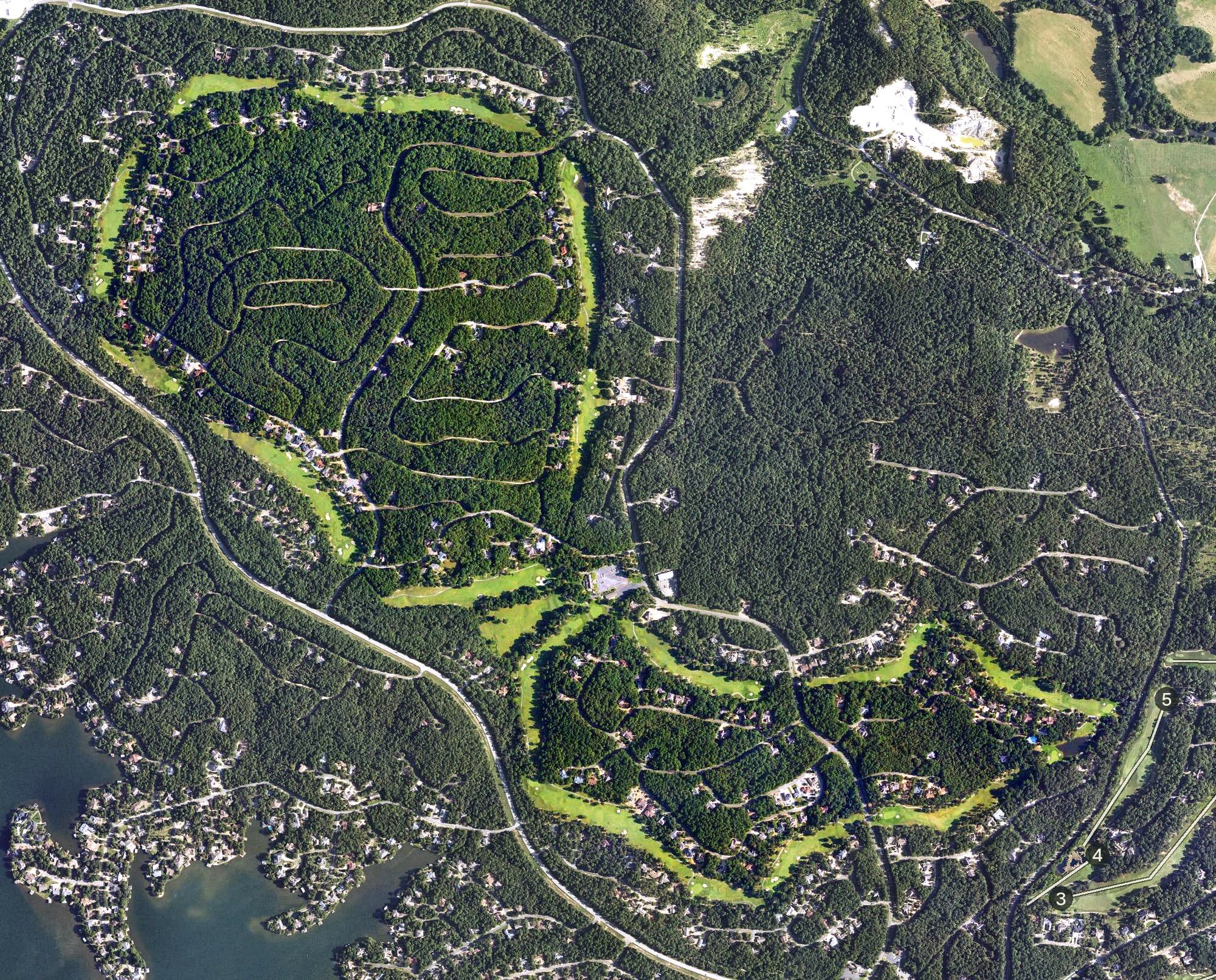 Aerial view of Ponce de Leon Golf Course, AR, with its hole routing marked