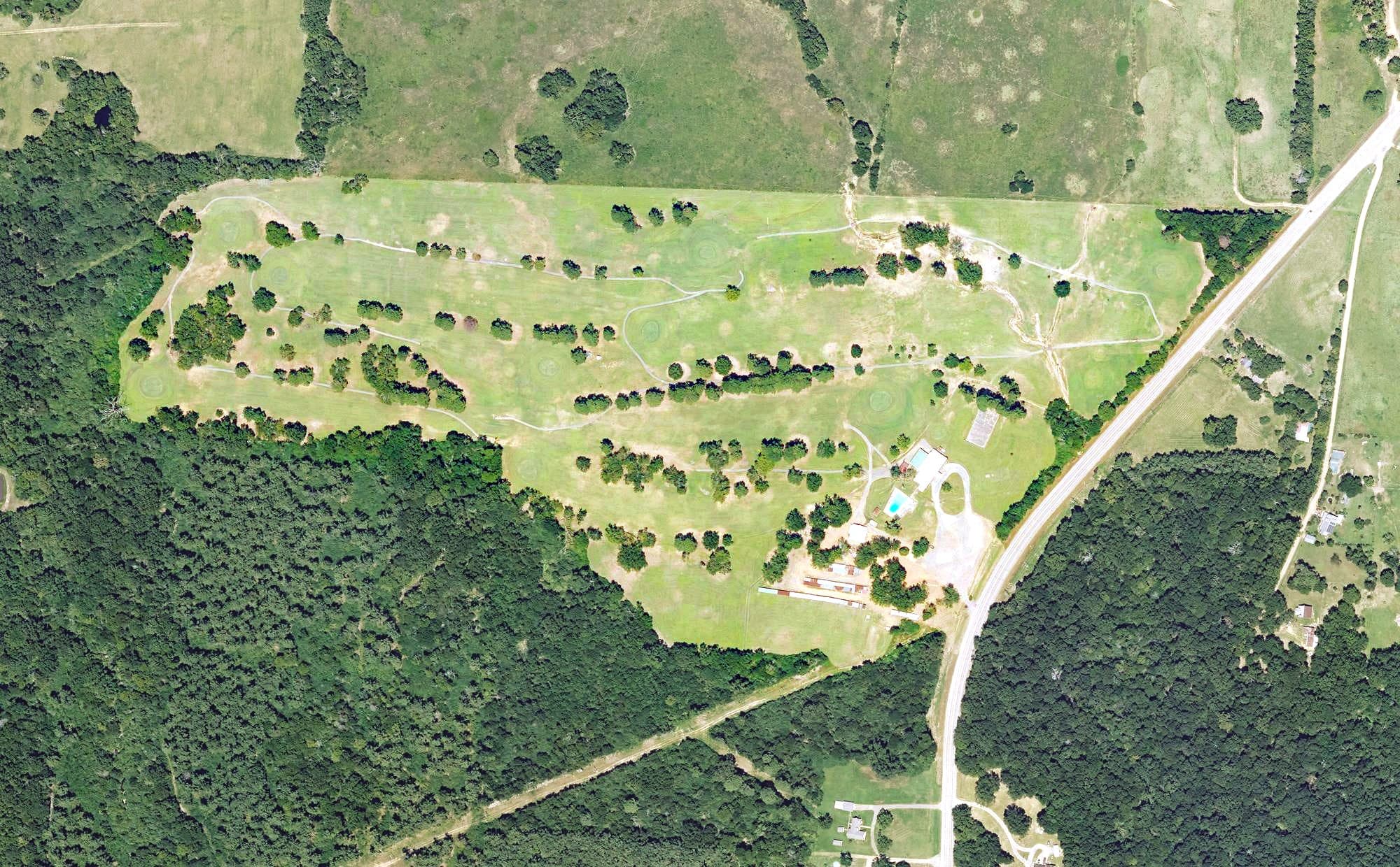 Aerial view of Prescott Country Club, AR, with its hole routing marked