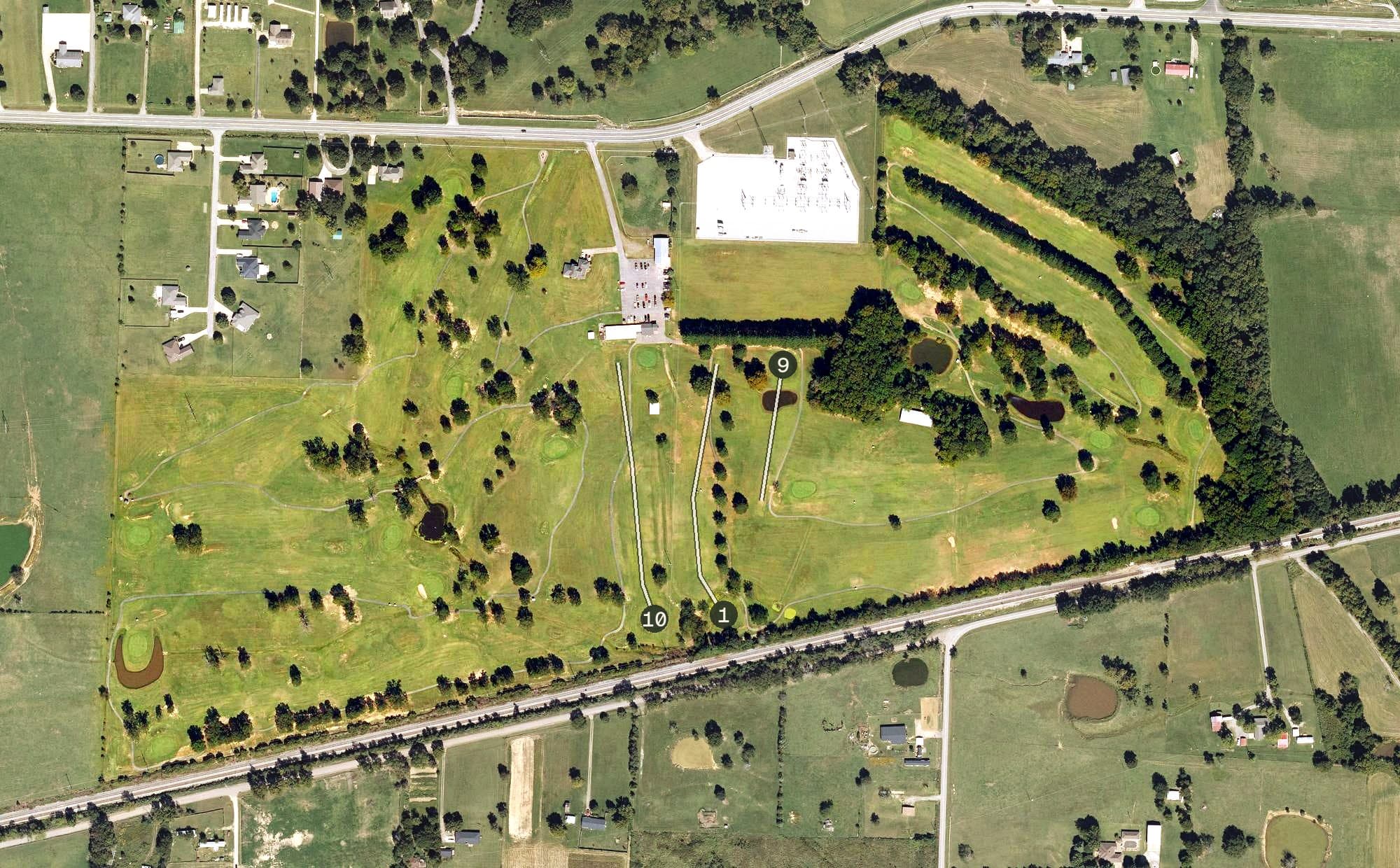 Aerial view of River Valley Golf Course, AR, with its hole routing marked