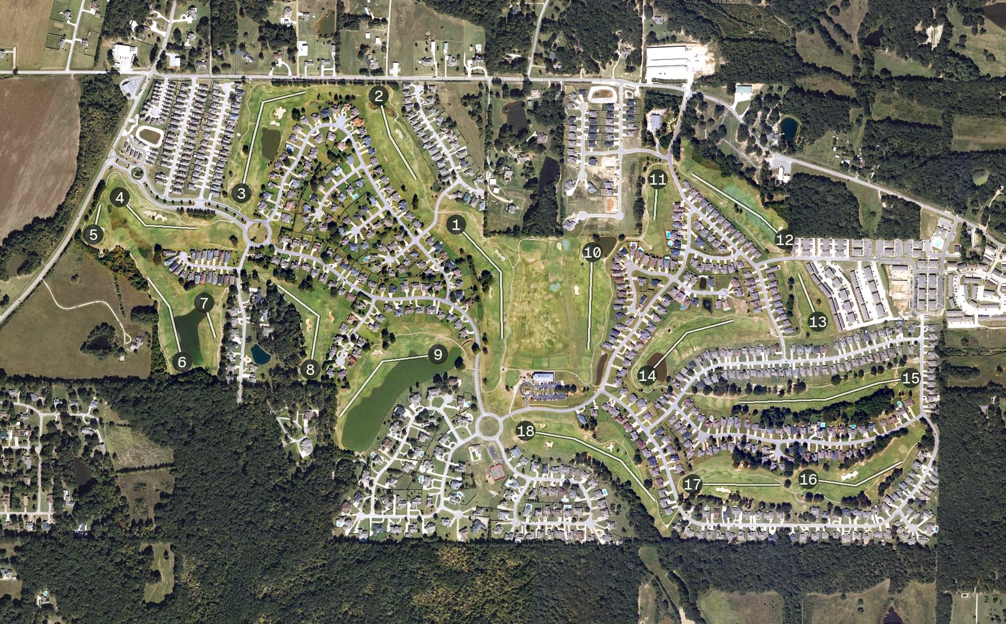 Aerial view of Sage Meadows Country Club, AR, with its hole routing marked