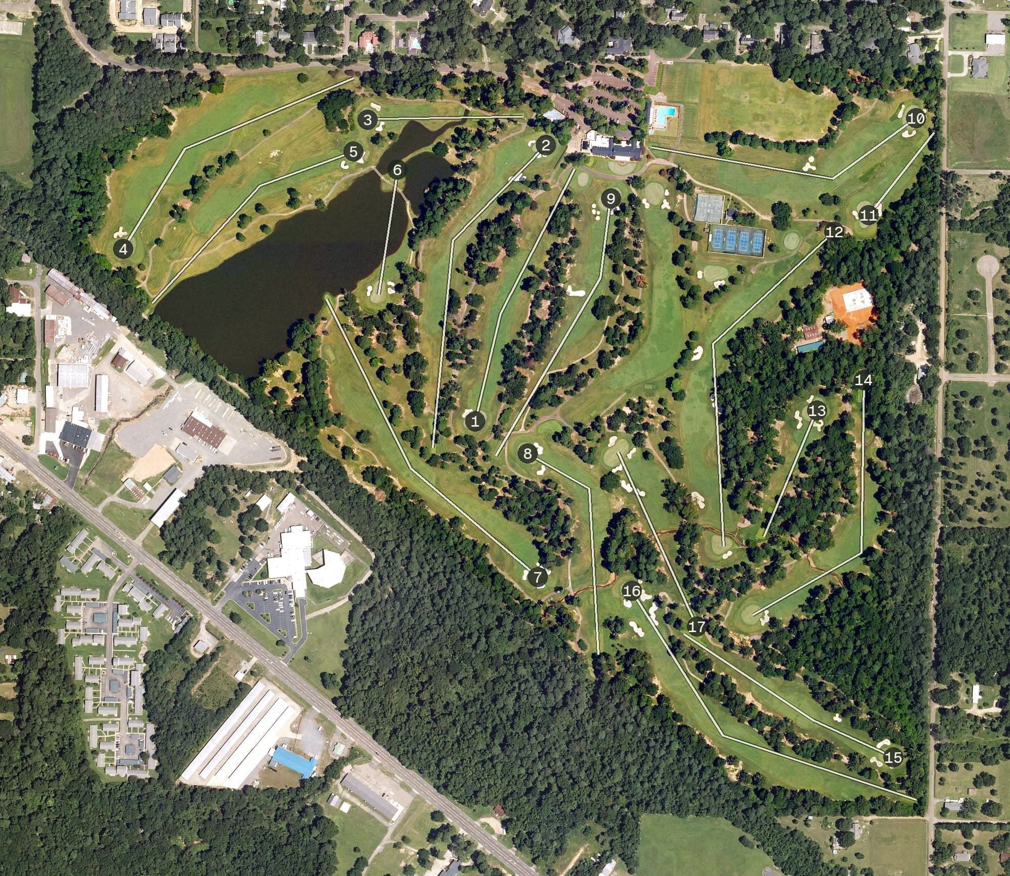 Aerial view of Texarkana Country Club, AR, with its hole routing marked
