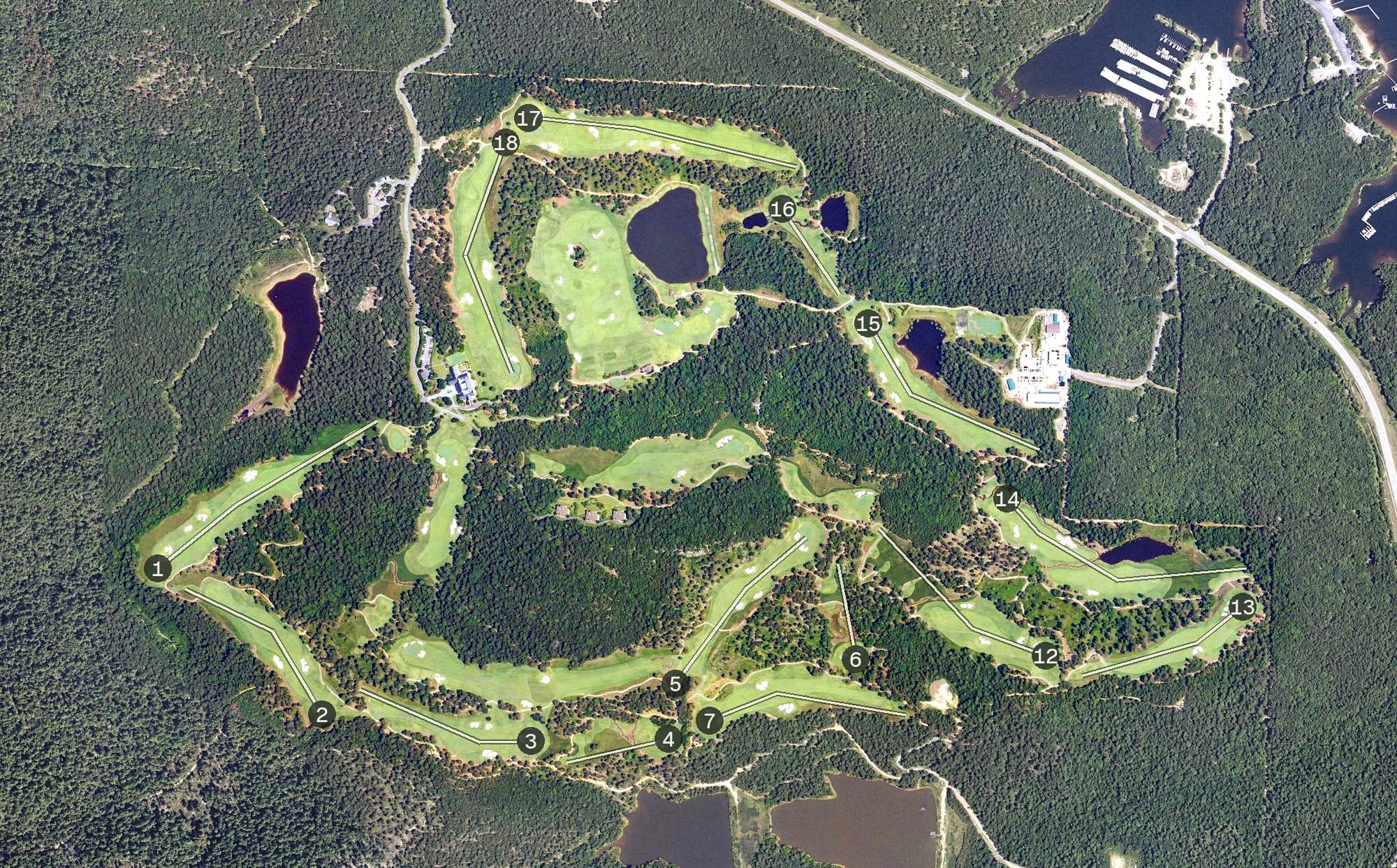 Aerial view of The Alotian Club, AR, with its hole routing marked