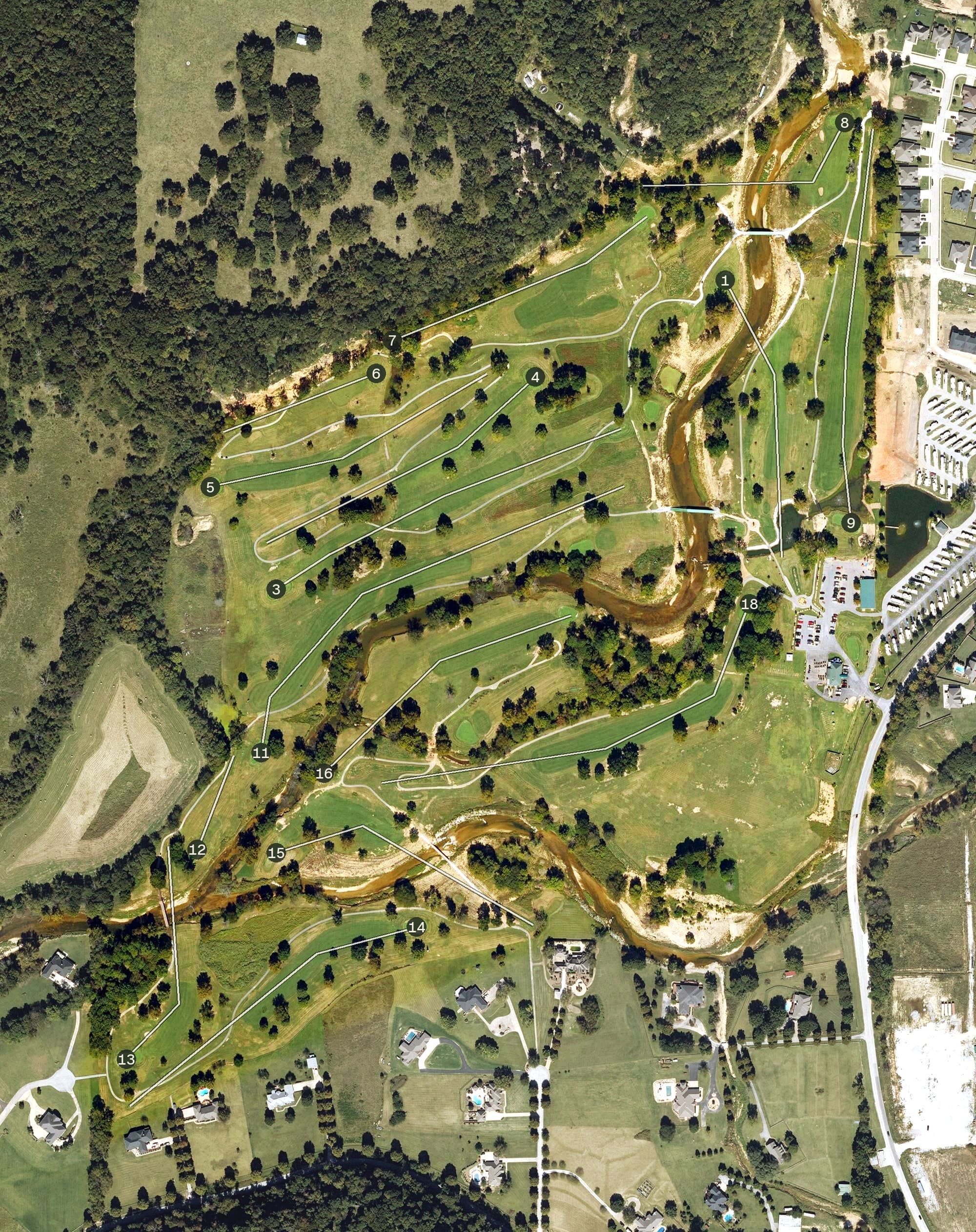 Aerial view of The Creeks, AR, with its hole routing marked