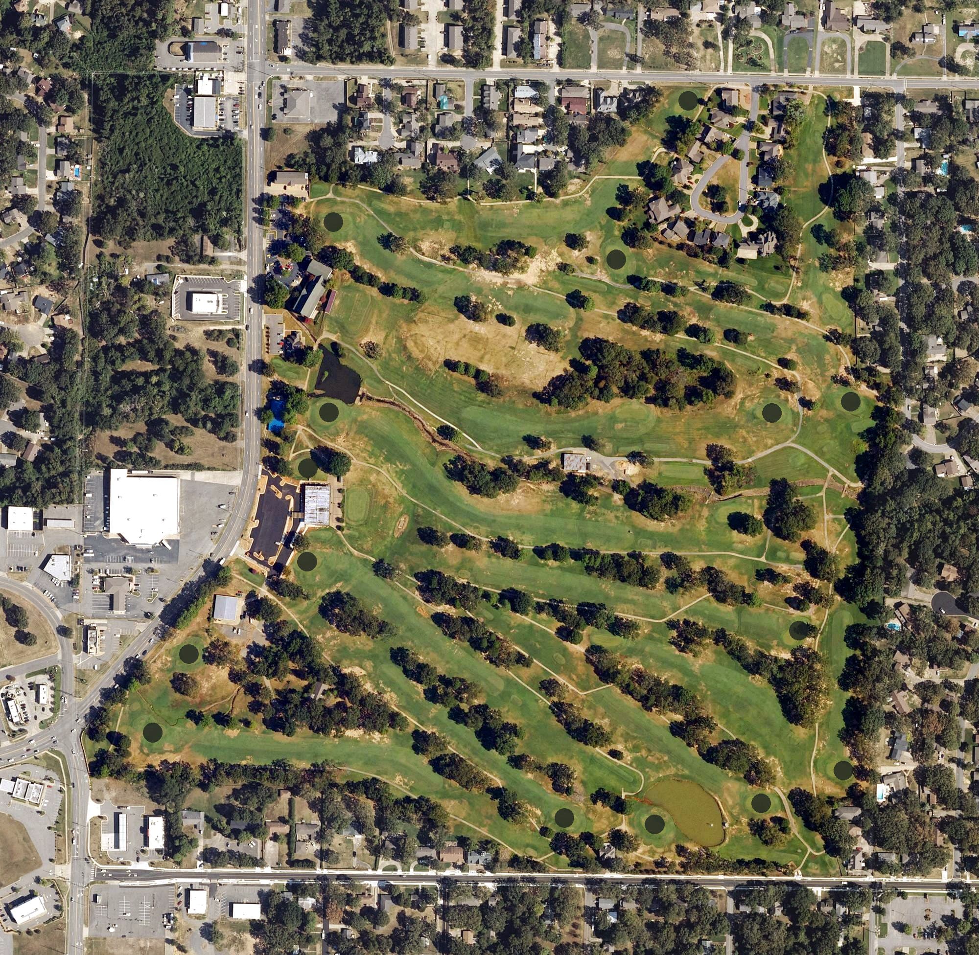 Aerial view of The Greens at North Hills, AR, with its hole routing marked