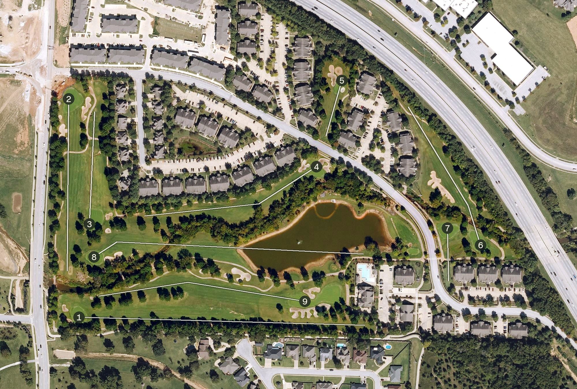 Aerial view of The Greens on Blossom Way, AR, with its hole routing marked