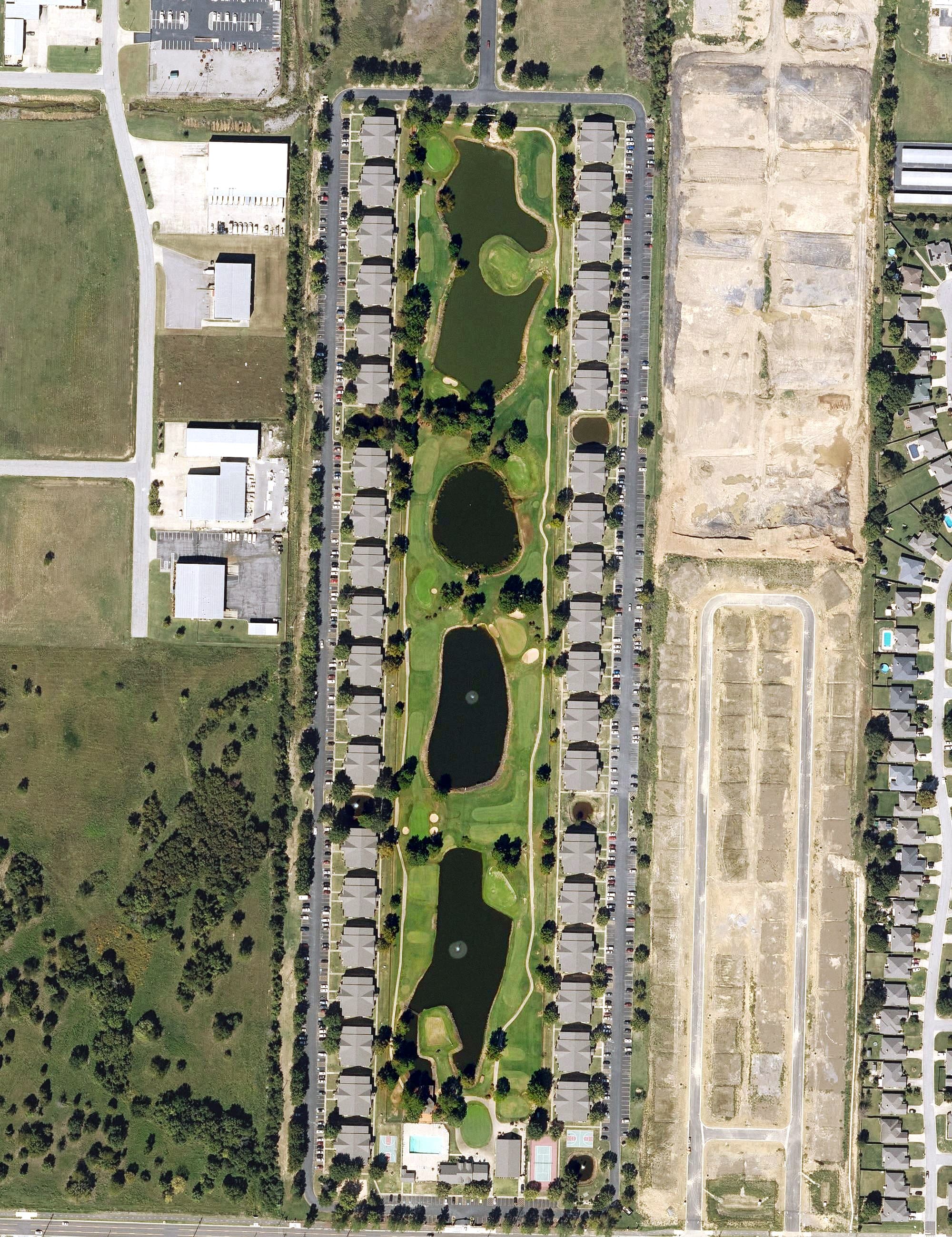 Aerial view of The Links at Fort Smith Golf & Athetic Club, AR, with its hole routing marked