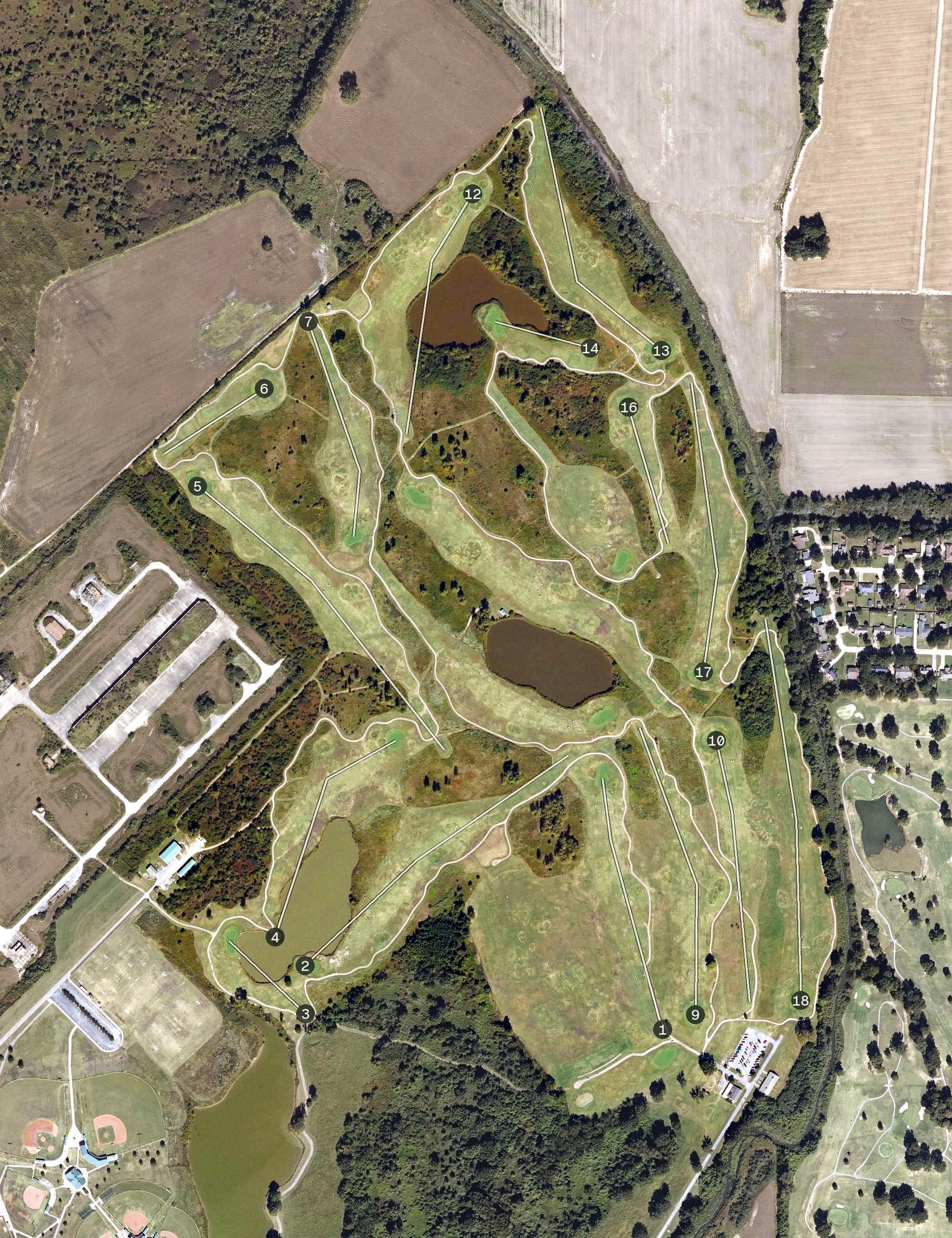 Aerial view of Thunder Bayou Golf Links, AR, with its hole routing marked