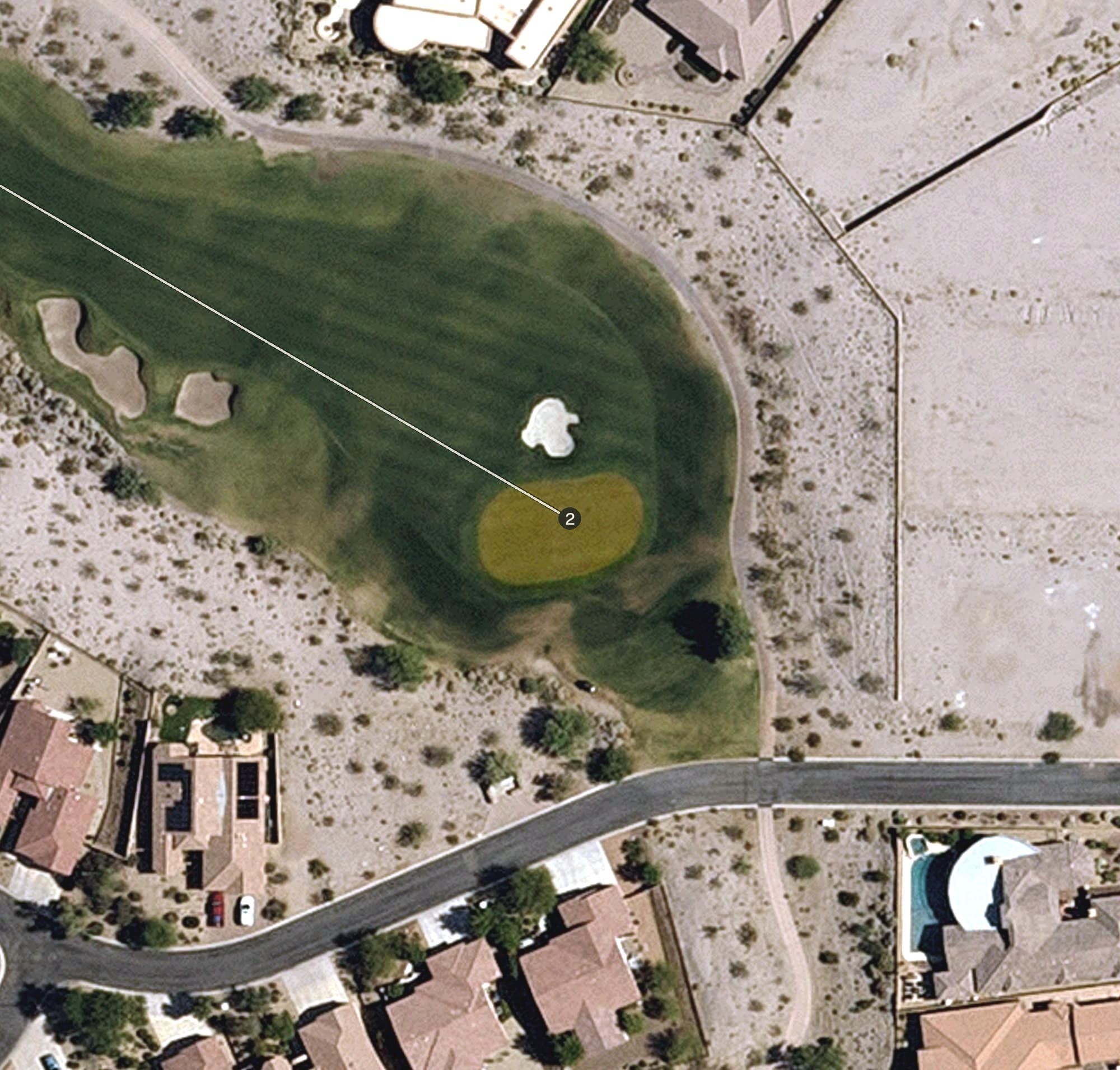 Aerial view of #2 Green, AZ, with its hole routing marked