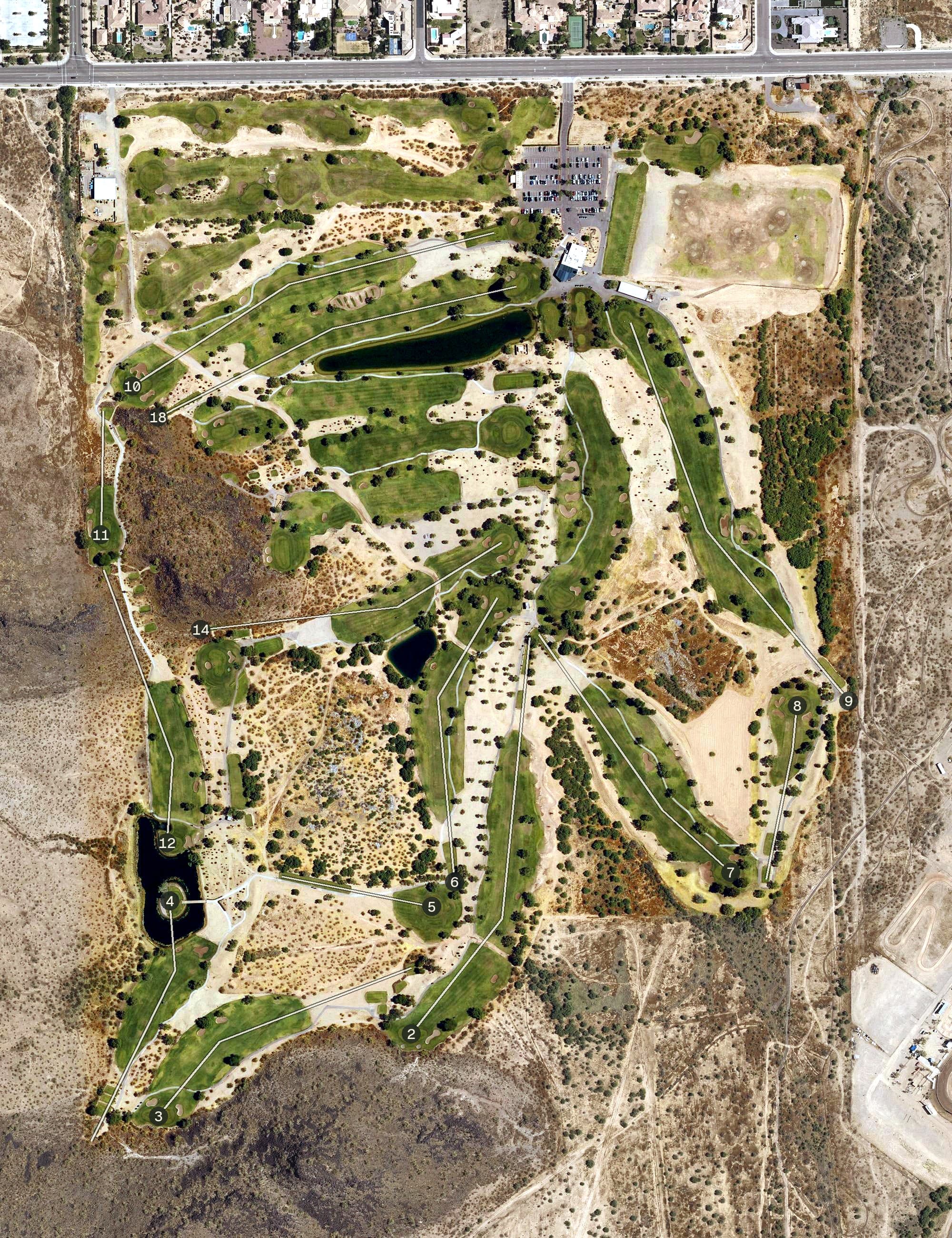 Aerial view of Adobe Dam Family Golf Center, AZ, with its hole routing marked