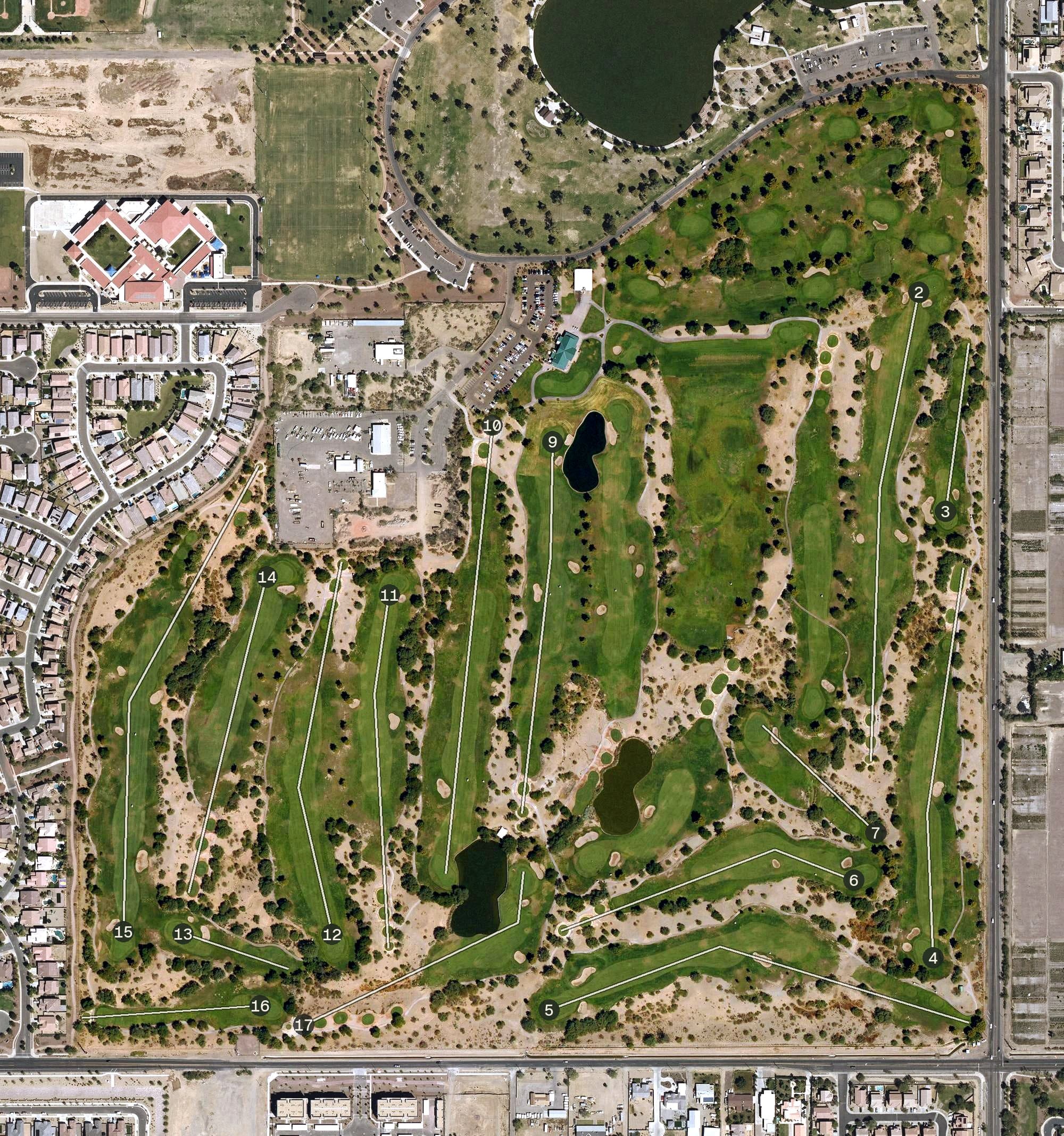 Aerial view of Aguila Golf Course, AZ, with its hole routing marked
