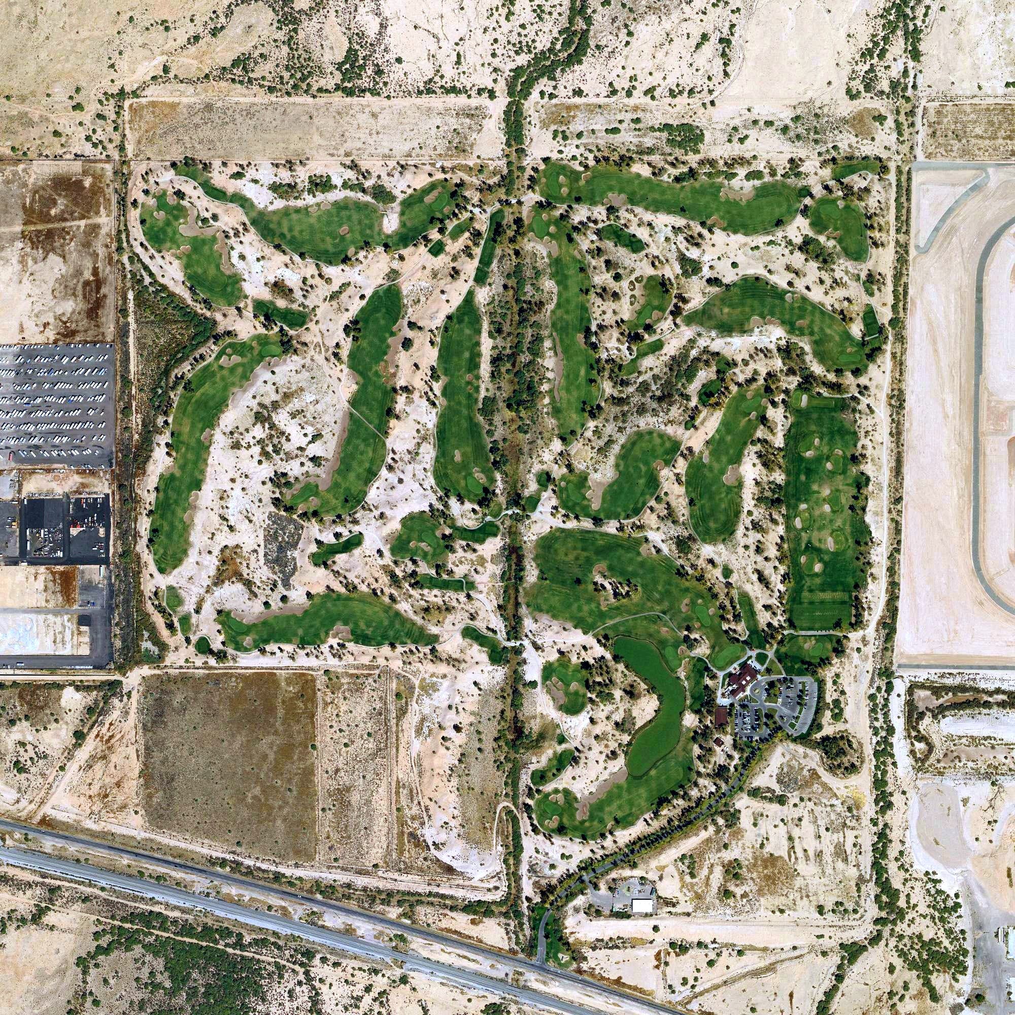 Aerial view of Ak-Chin Southern Dunes Golf Club, AZ, with its hole routing marked