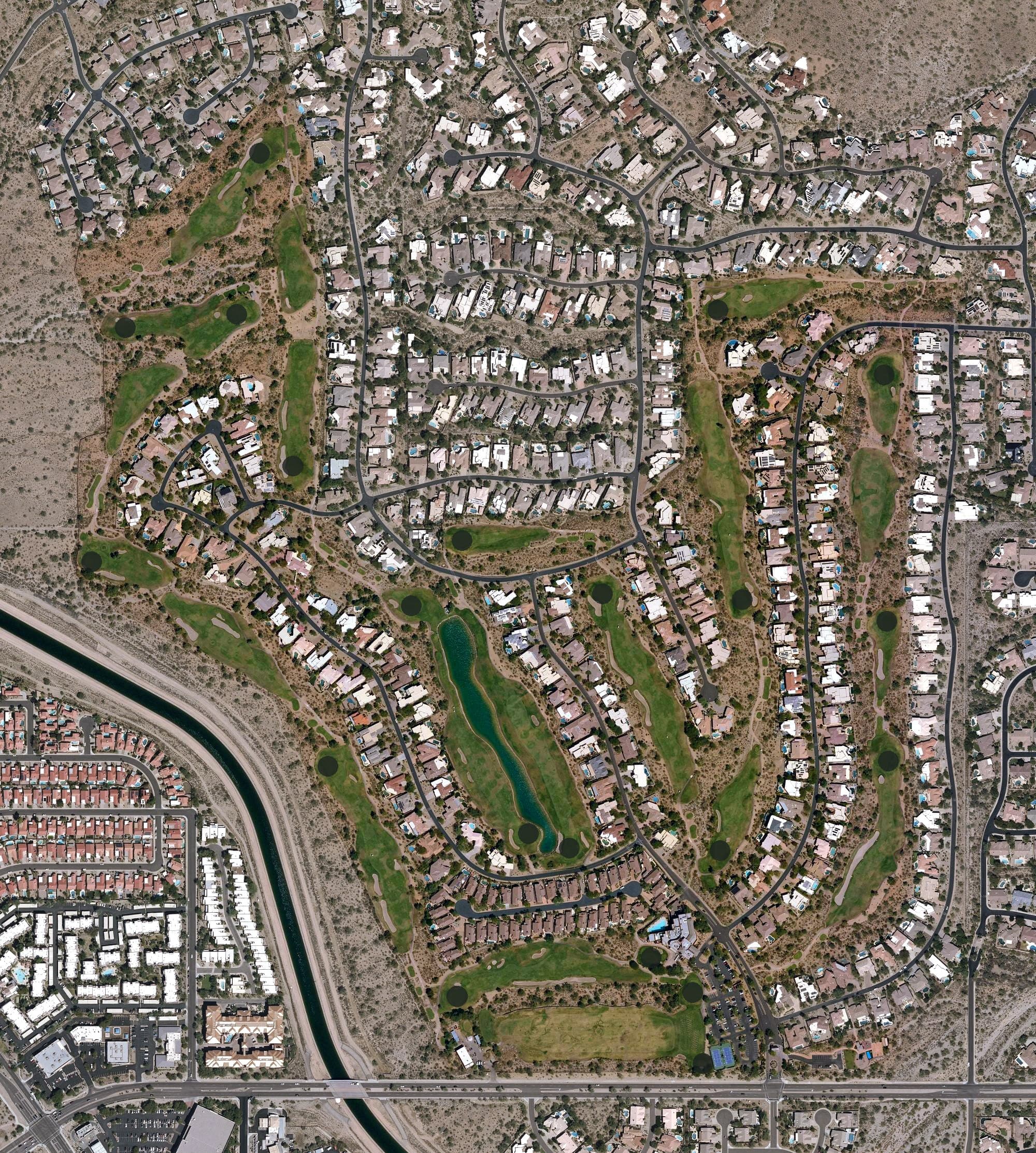 Aerial view of Ancala Country Club, AZ, with its hole routing marked