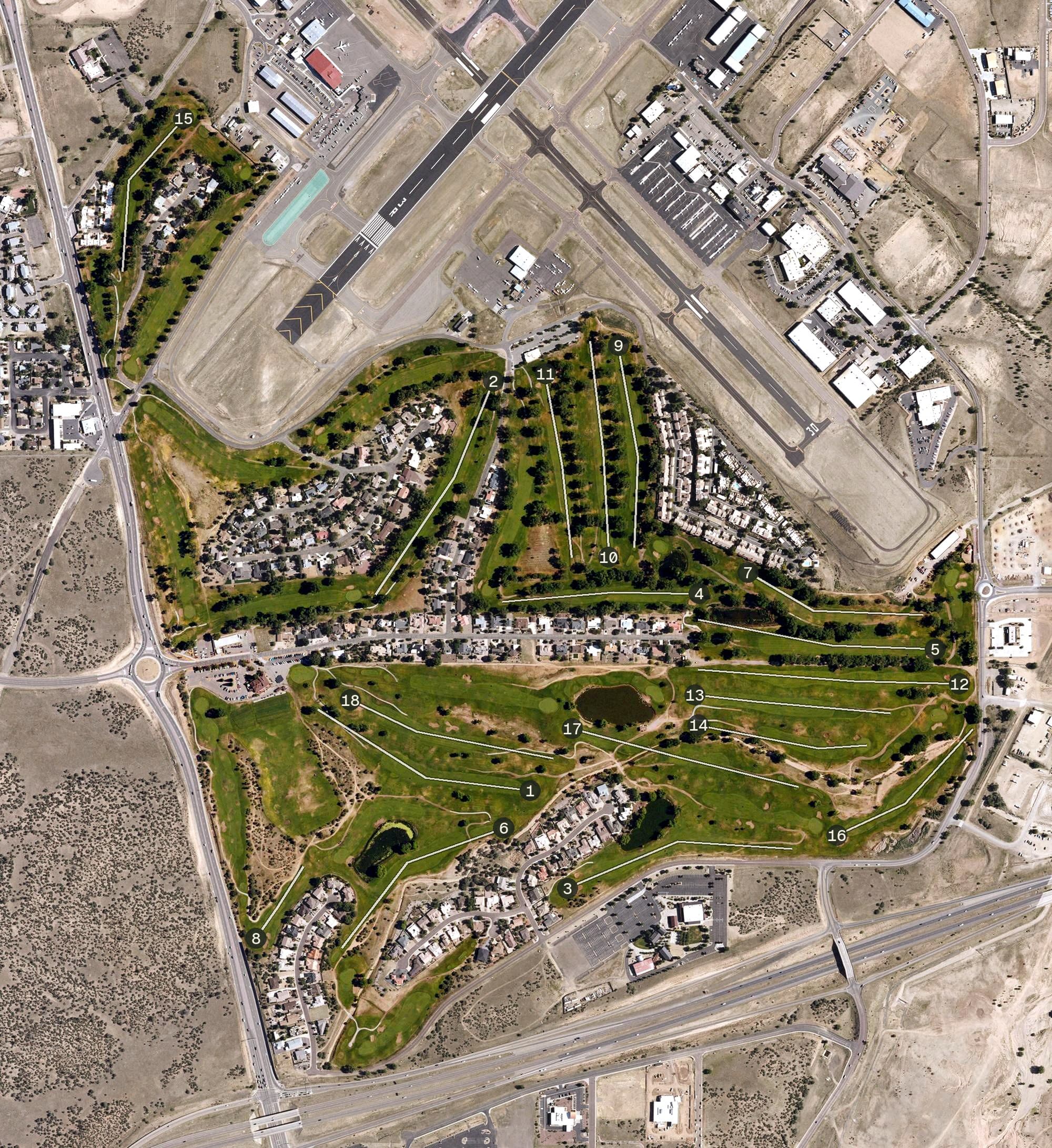 Aerial view of Antelope Hills Golf Course, AZ, with its hole routing marked