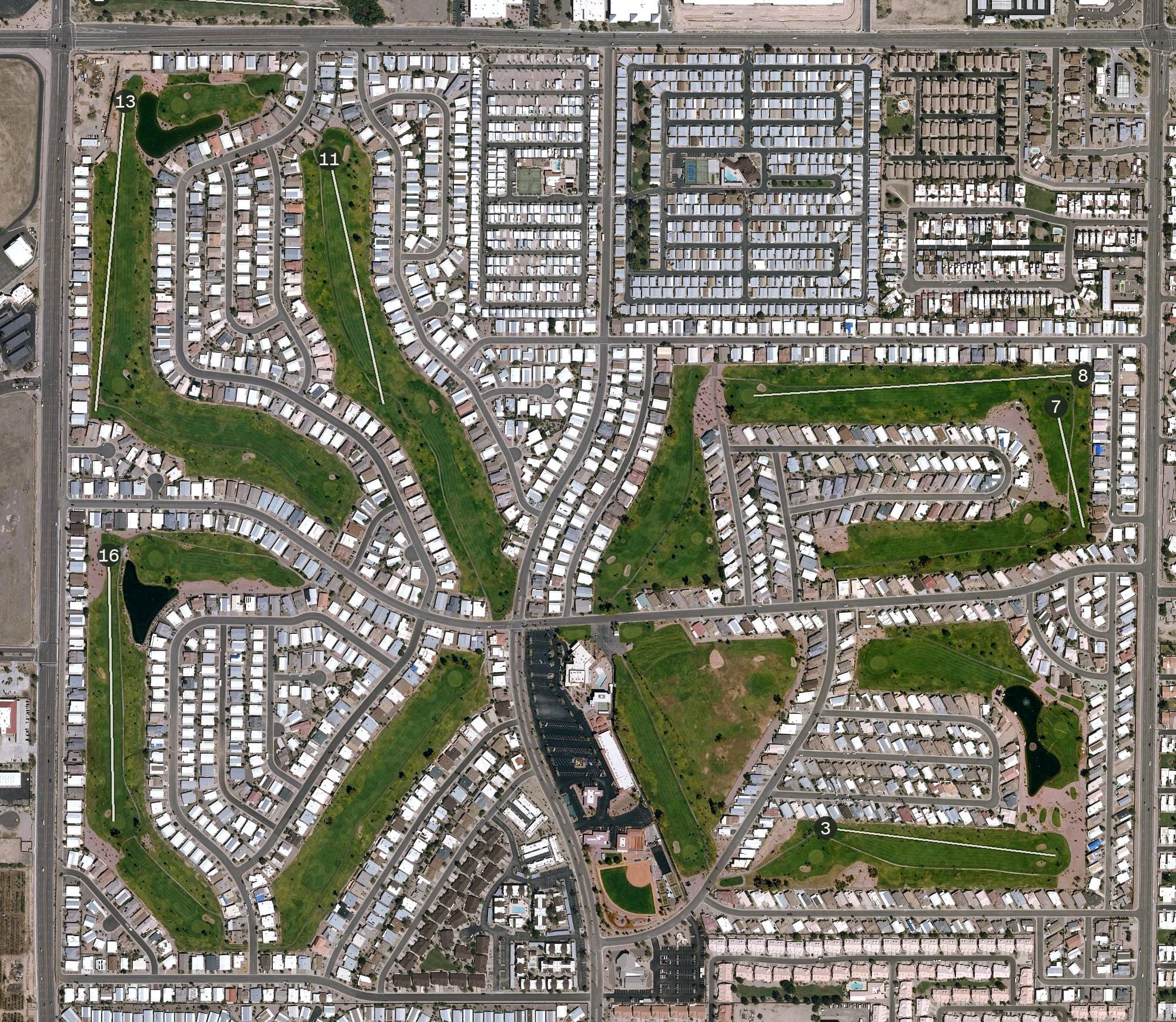 Aerial view of Apache Wells Golf Club, AZ, with its hole routing marked