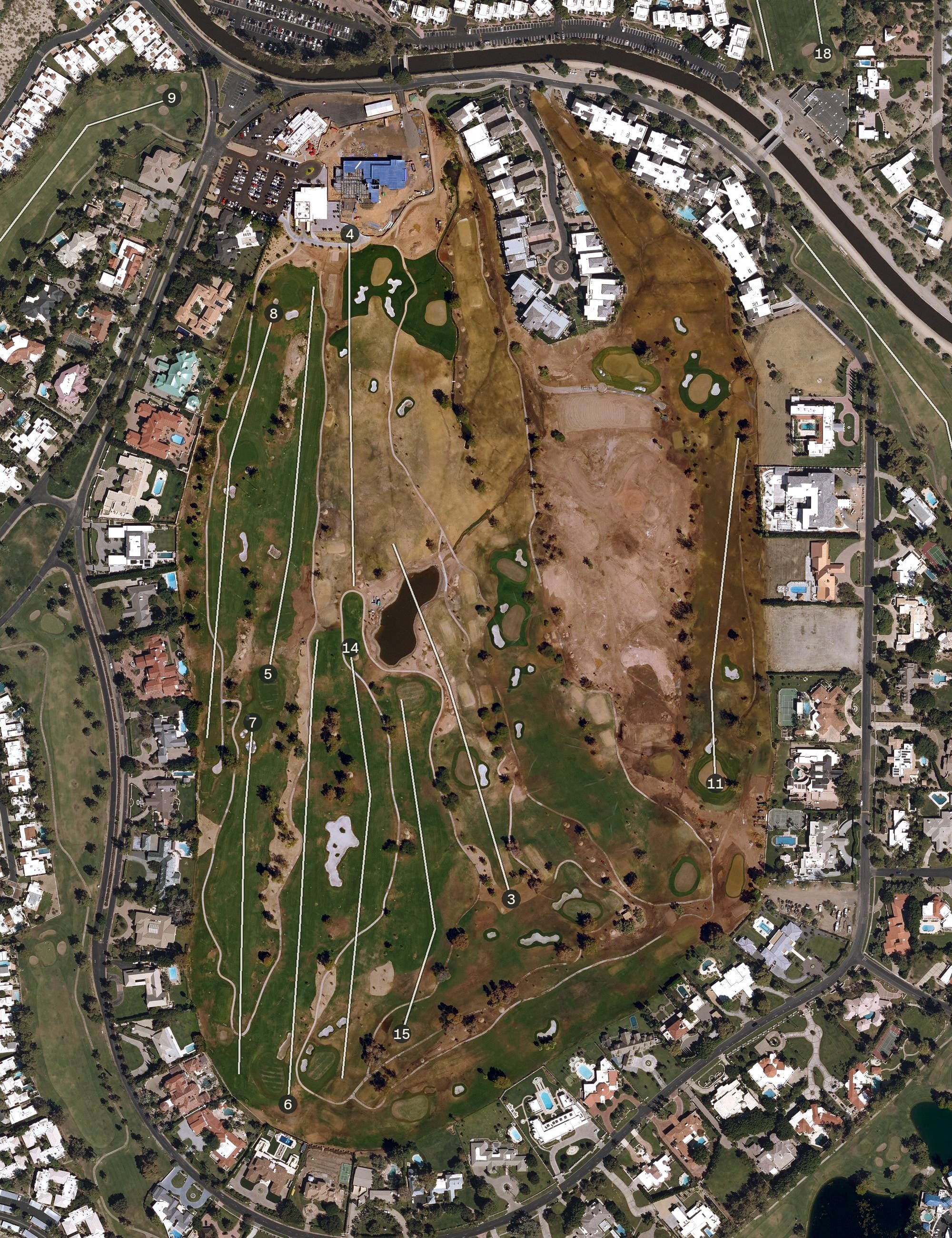 Aerial view of Arizona Biltmore Estates Course, AZ, with its hole routing marked