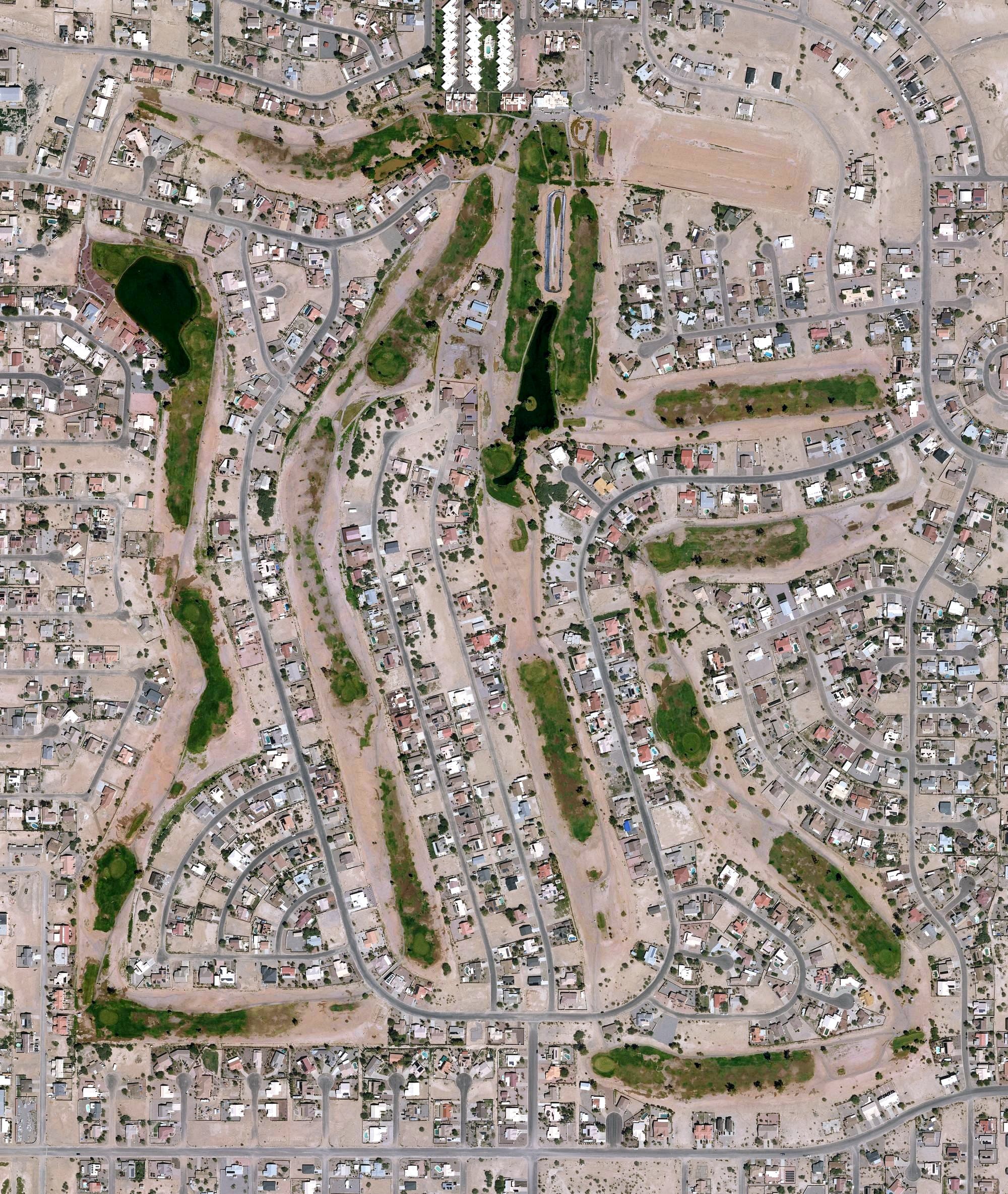Aerial view of Arizona City Golf Course, AZ, with its hole routing marked