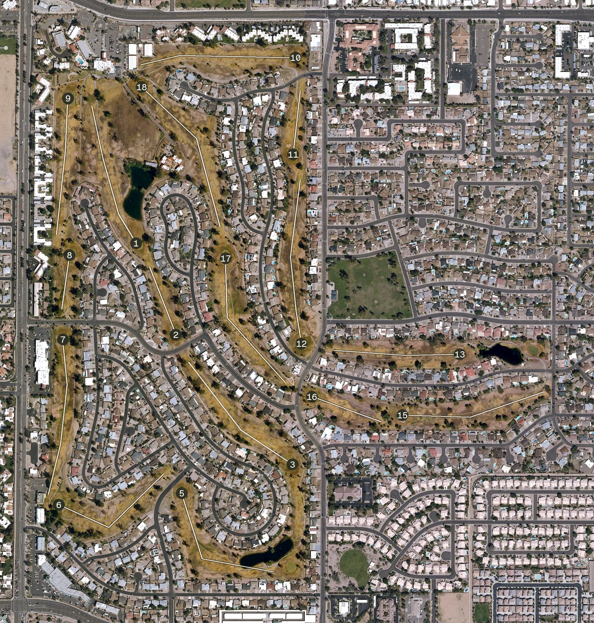 Aerial view of Arizona Golf Resort, AZ, with its hole routing marked