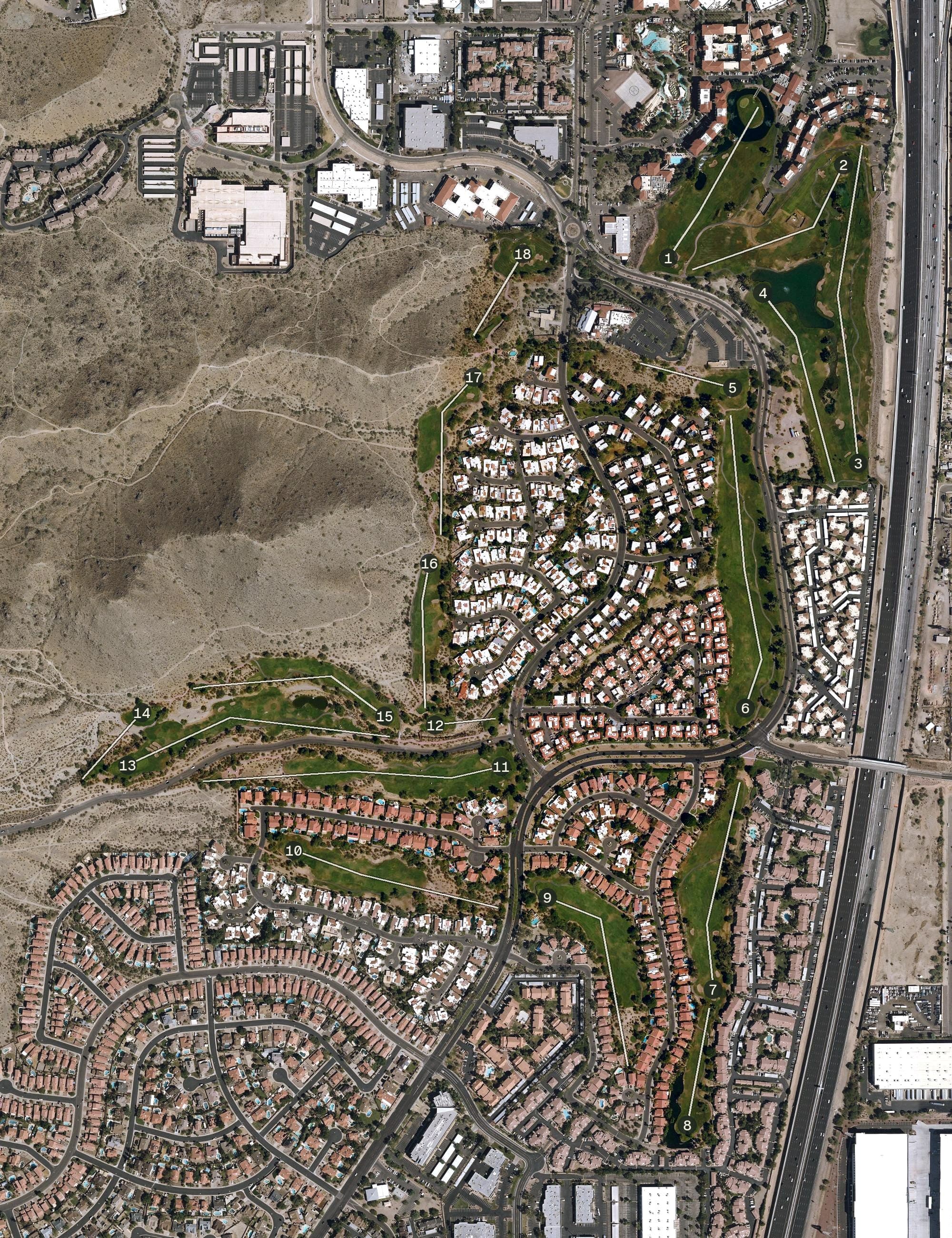 Aerial view of Arizona Grand Golf Course, AZ, with its hole routing marked