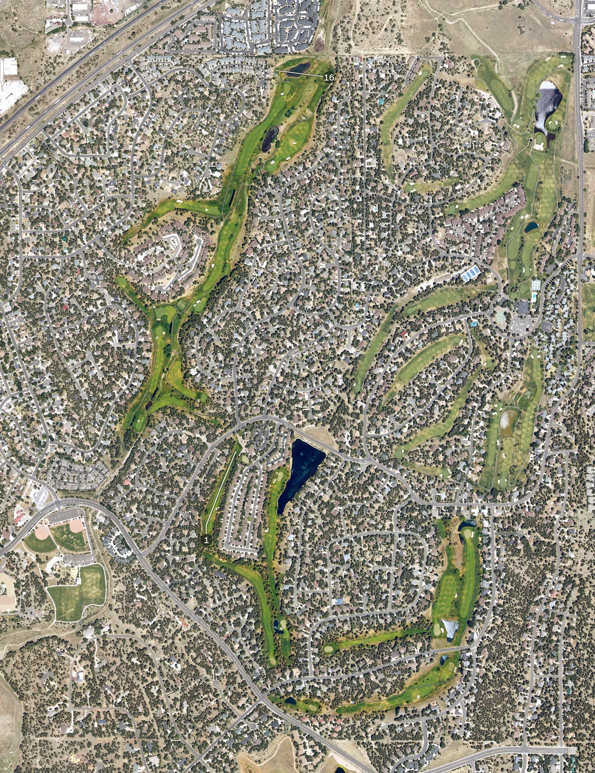 Aerial view of Aspen Valley Golf Club, AZ, with its hole routing marked