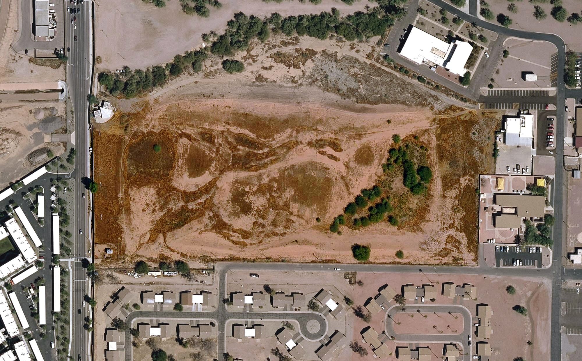 Aerial view of ASU Driving Range, AZ, with its hole routing marked