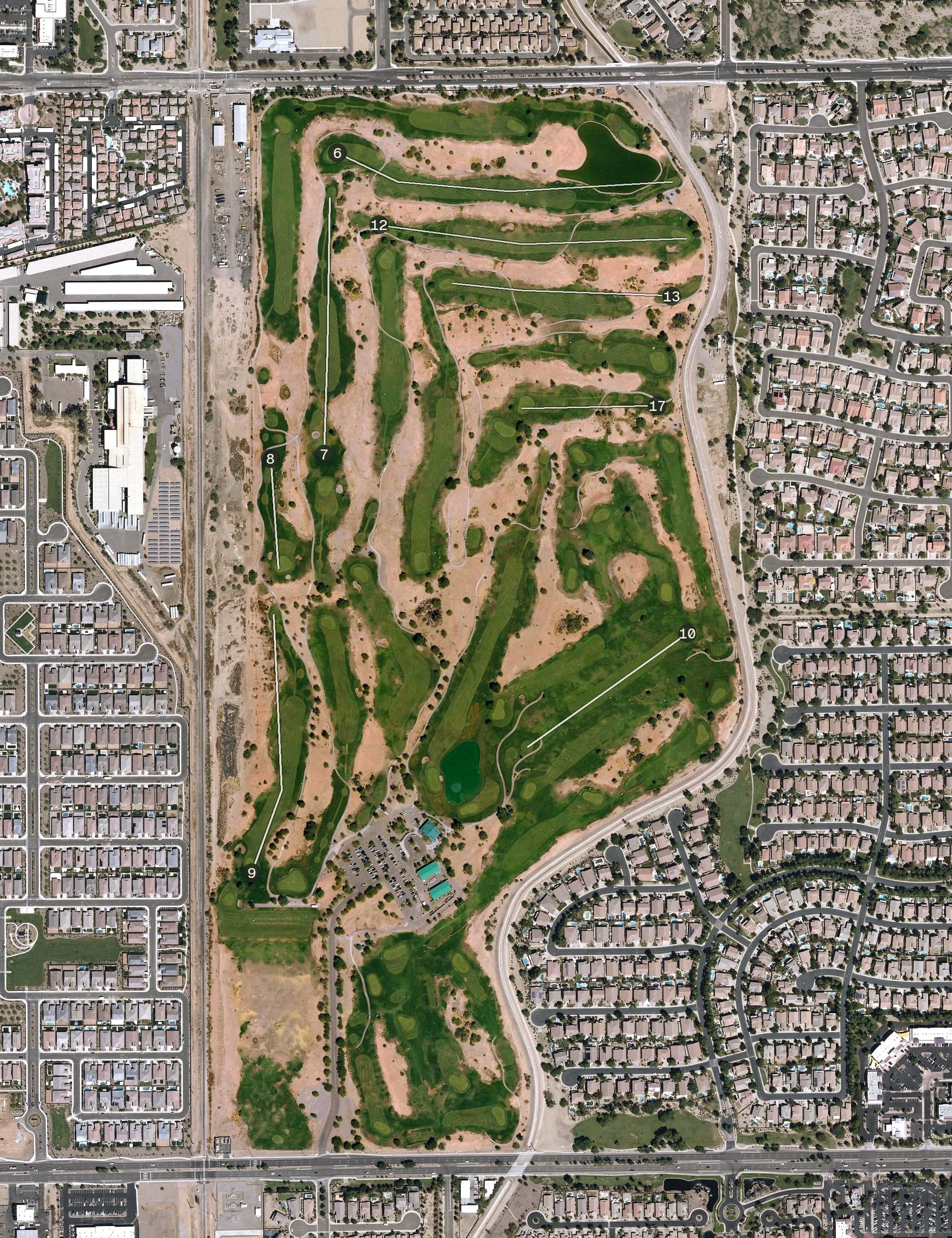 Aerial view of Bear Creek Golf Complex, AZ, with its hole routing marked