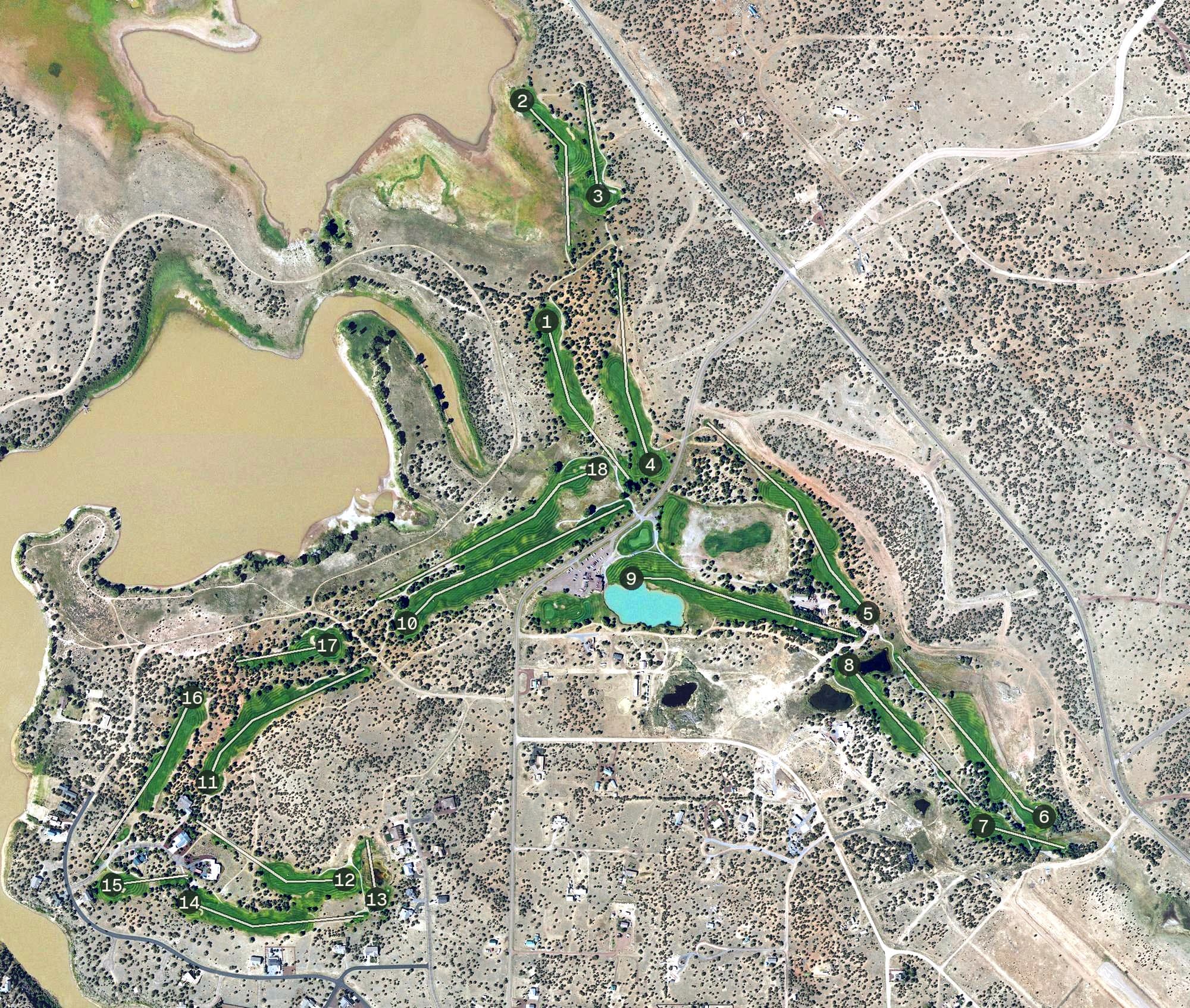 Aerial view of Birdie Ranch Golf Club at Silver Creek, AZ, with its hole routing marked