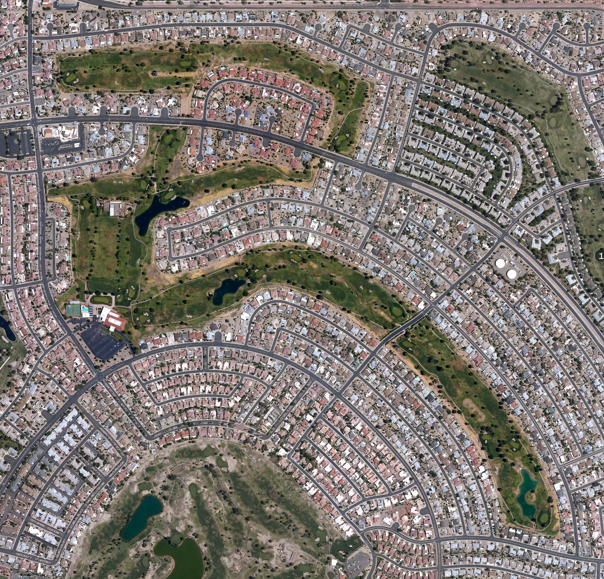 Aerial view of Briarwood Country Club, AZ, with its hole routing marked